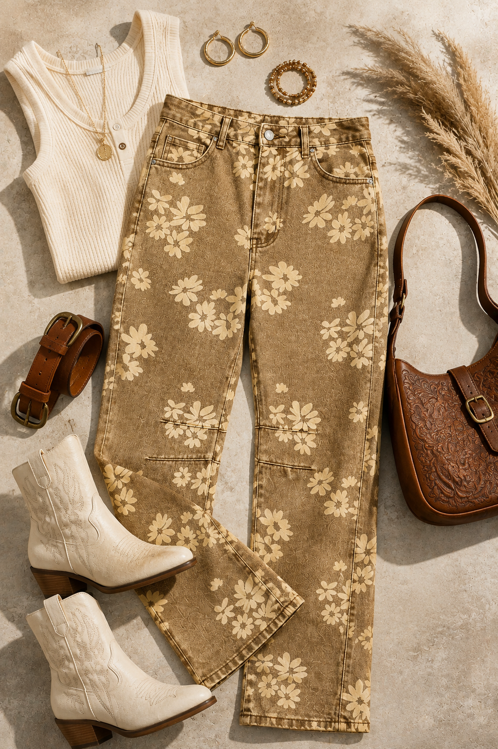 Flat lay of the Prairie Bloom floral jeans styled with an ivory top, brown belt, cream Western boots, handbag and gold jewelry.