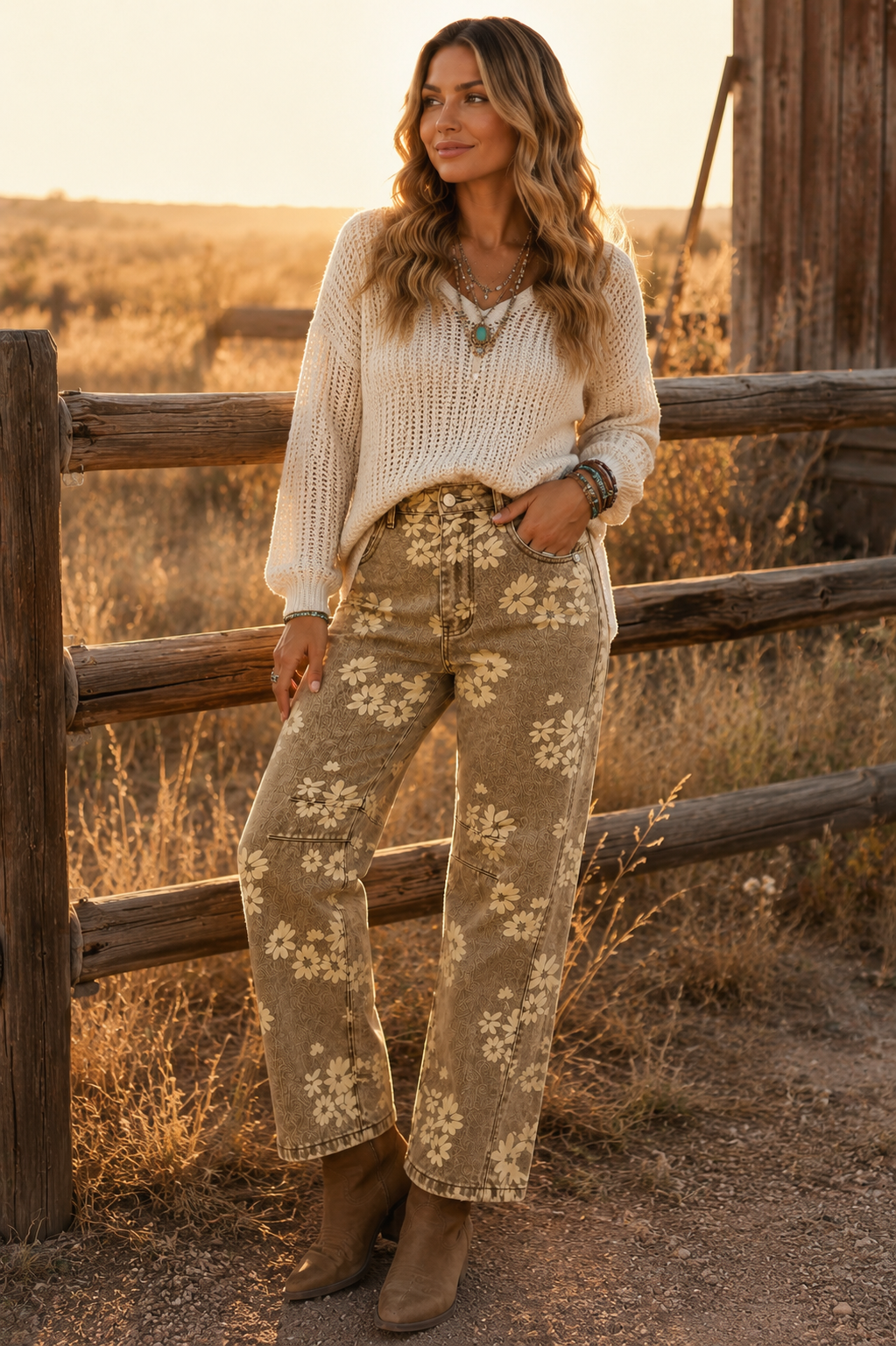 Emma wearing the Prairie Bloom Straight-Leg Jeans with an ivory sweater and boots outdoors at golden hour near a rustic fence.