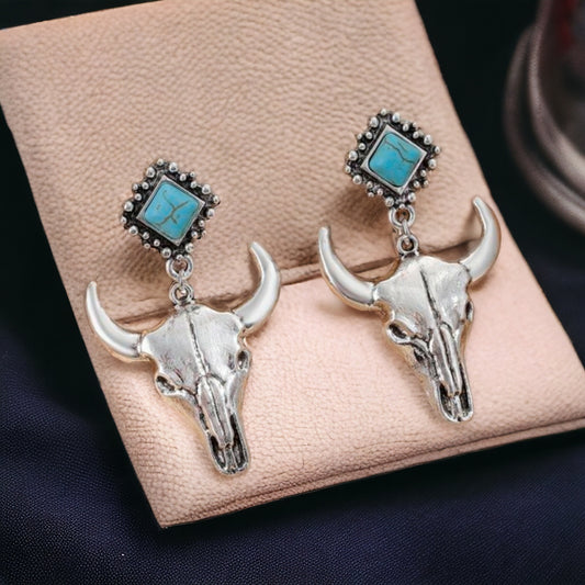 Bull Skull Western Drop Post Earrings