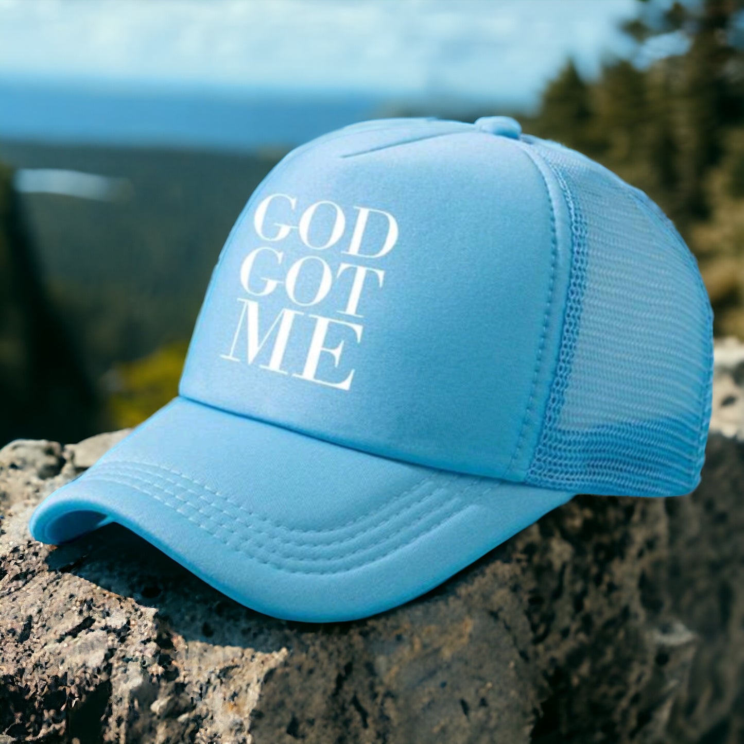 God Got Me Trucker Snap Back Hat In Baby Blue