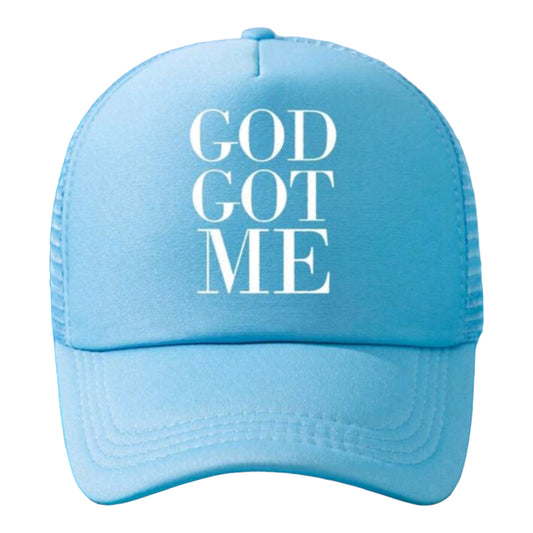 God Got Me Trucker Snap Back Hat In Baby Blue