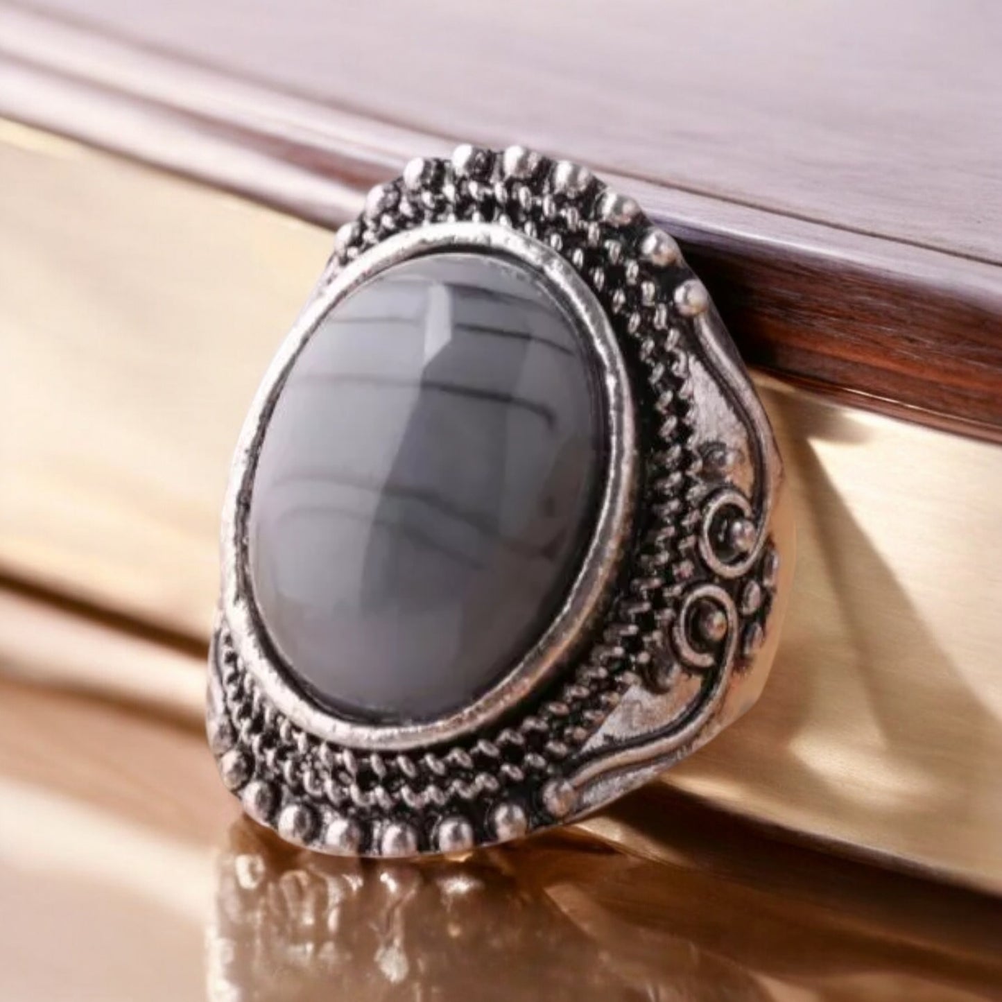 Vintage Inspired Grey Oval Stone Ring