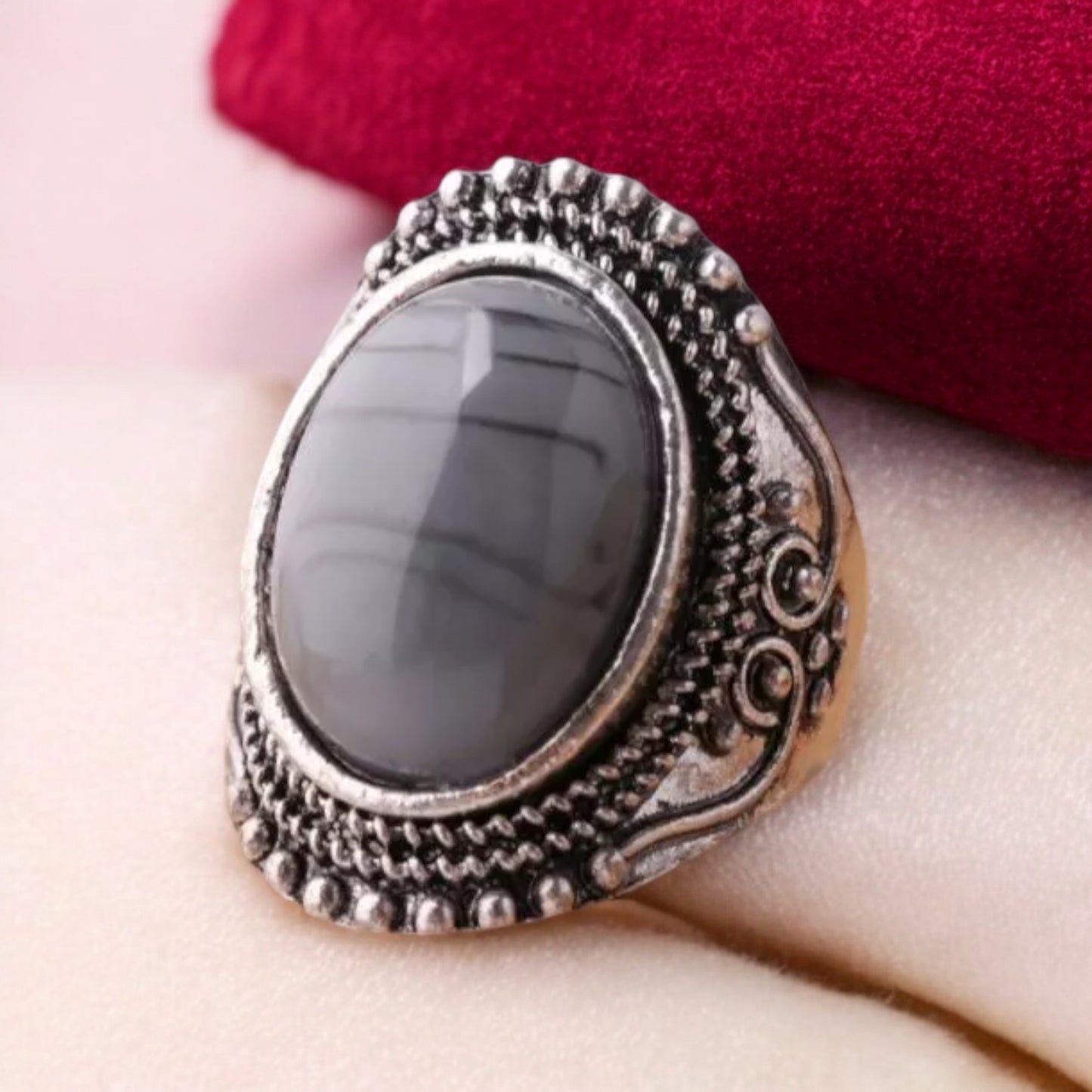 Vintage Inspired Grey Oval Stone Ring