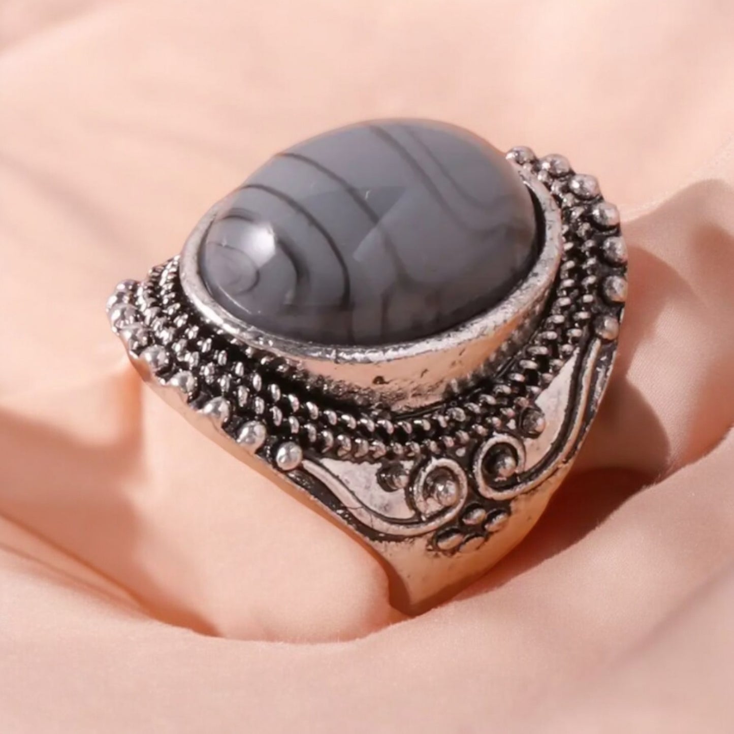 Vintage Inspired Grey Oval Stone Ring