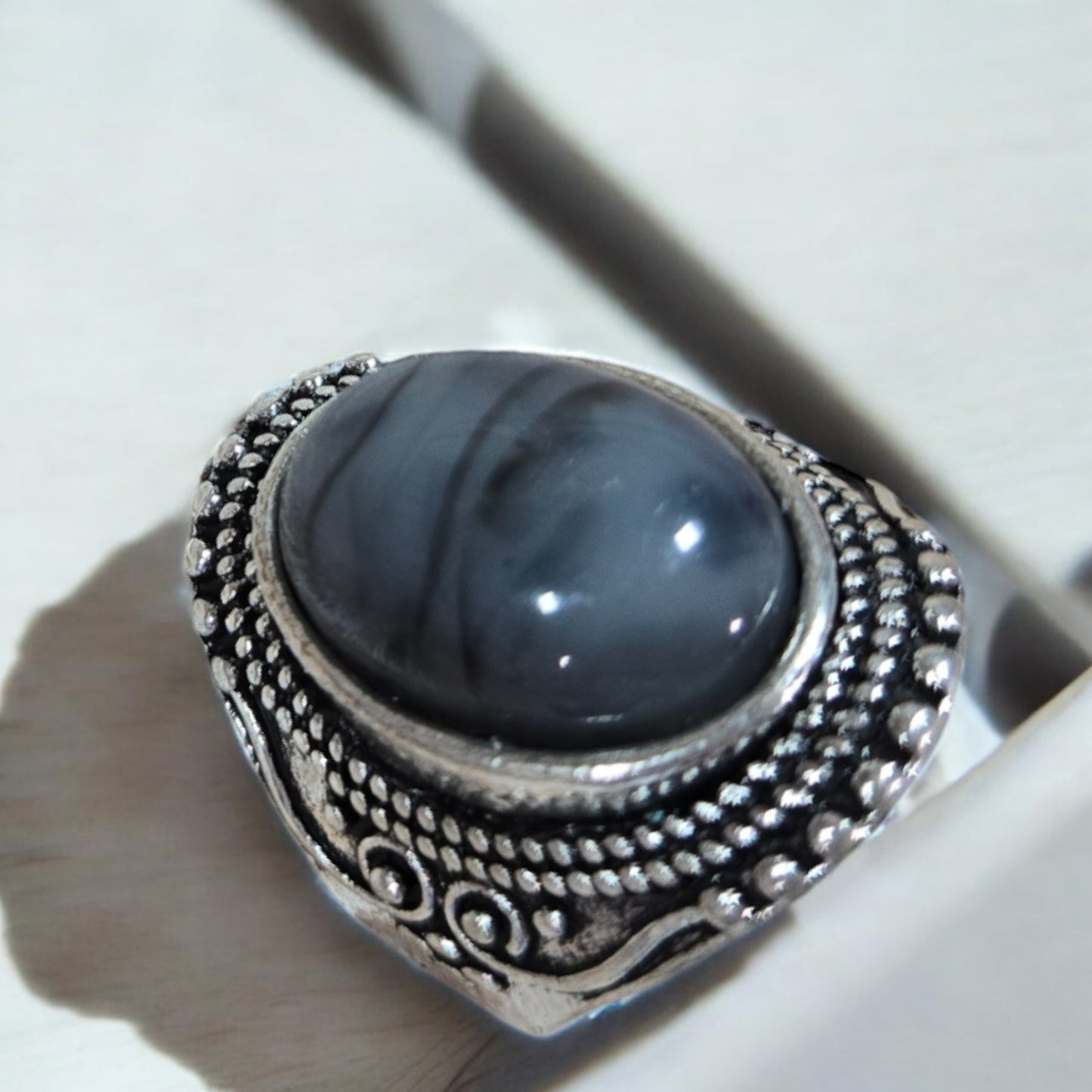 Vintage Inspired Grey Oval Stone Ring