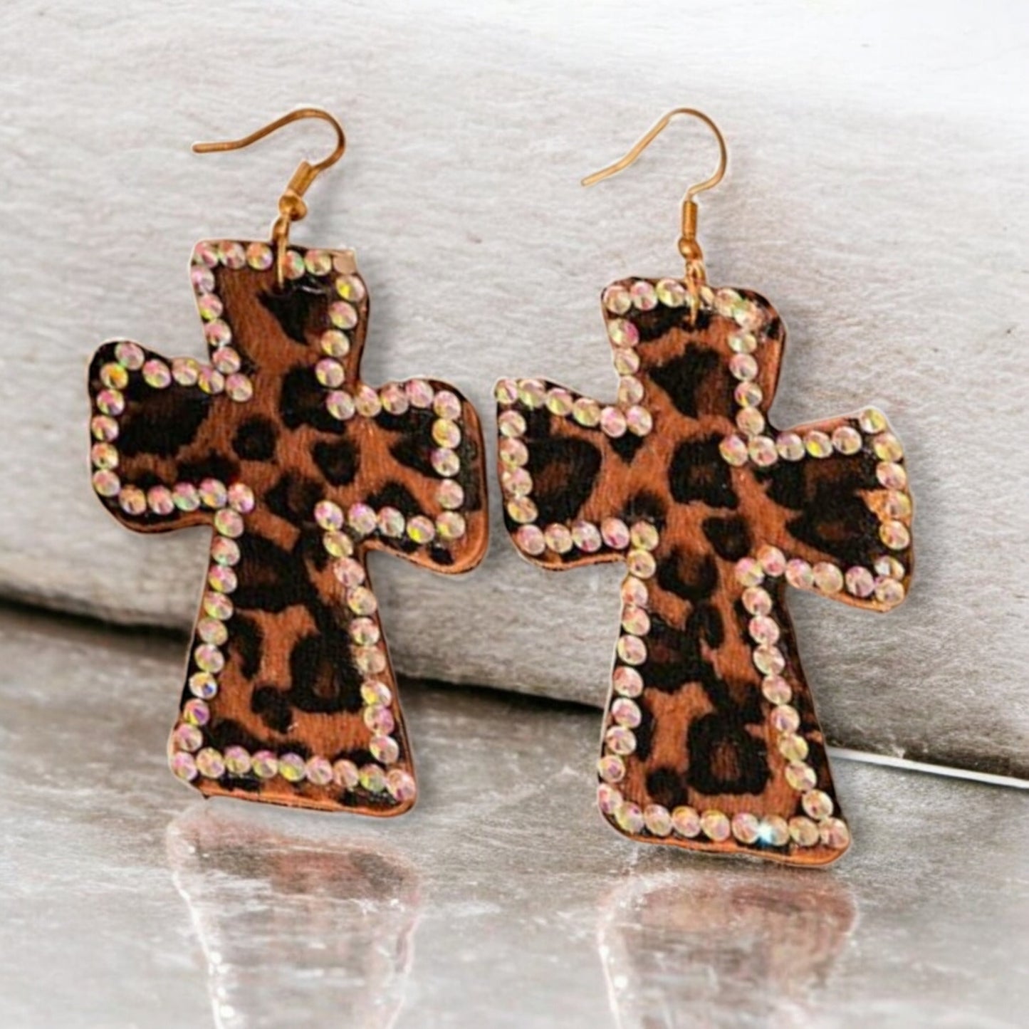 Larger Than Life Leopard Leather Cross Earrings with AB Rhinestones