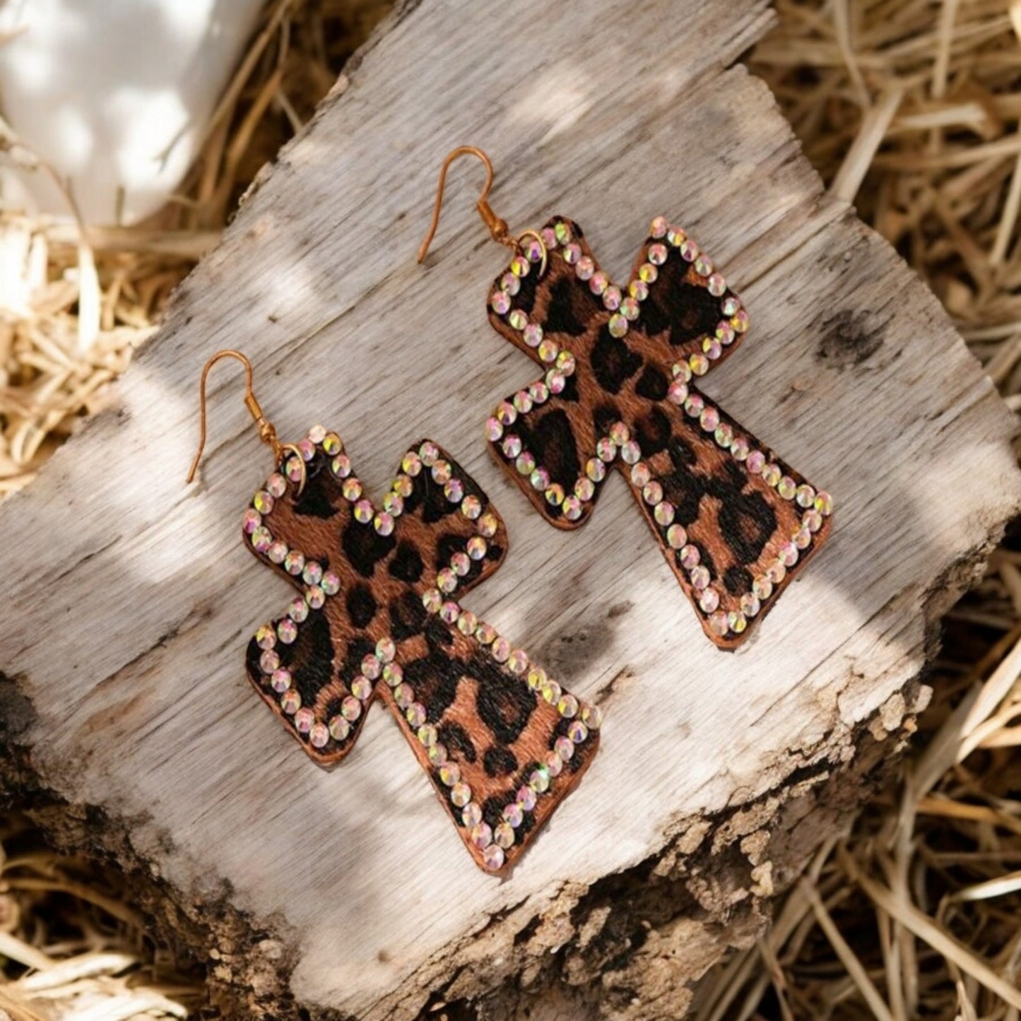 Larger Than Life Leopard Leather Cross Earrings with AB Rhinestones