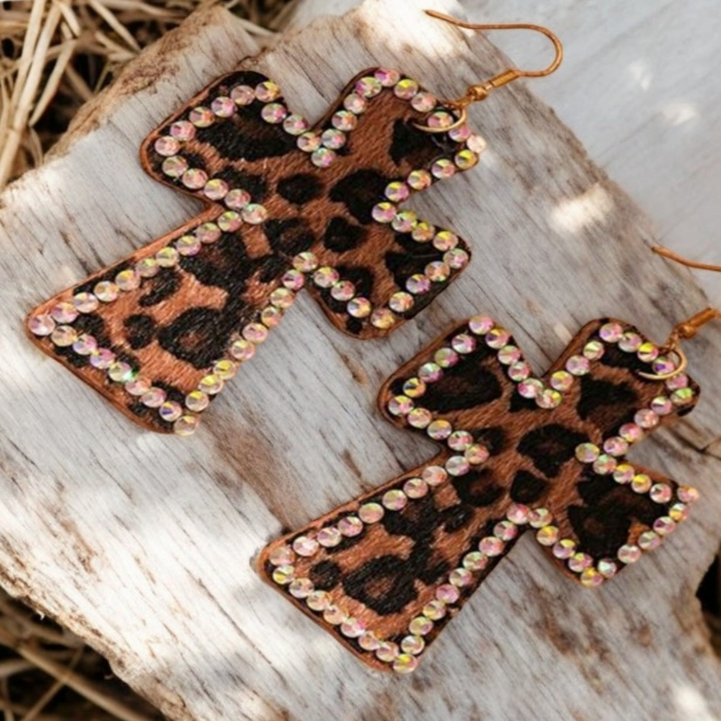 Larger Than Life Leopard Leather Cross Earrings with AB Rhinestones