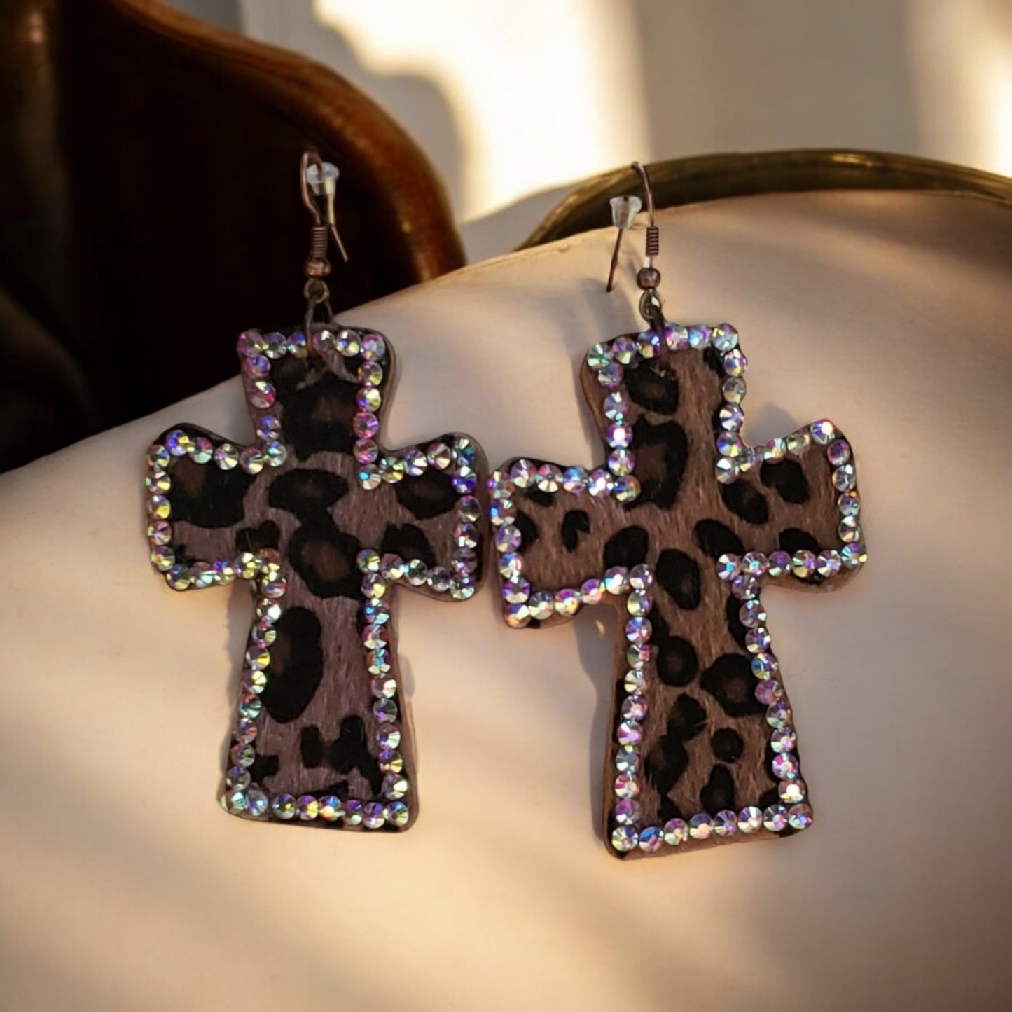 Larger Than Life Leopard Leather Cross Earrings with AB Rhinestones