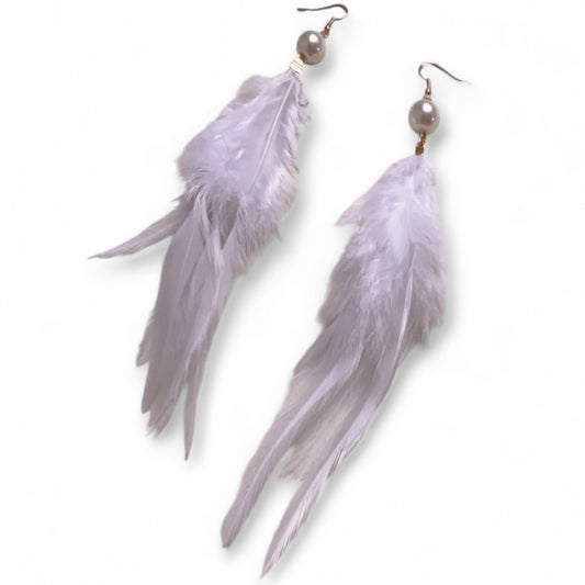 Into The Wind Faux Pearl and Feather Drop Earrings