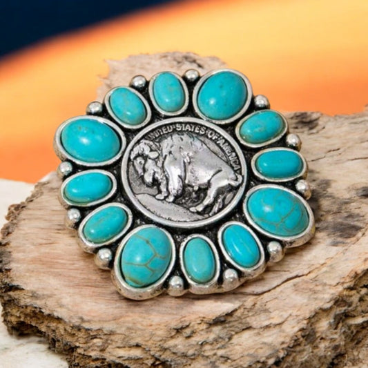 Western Buffalo One Size Fashion Ring with Crackle Stones