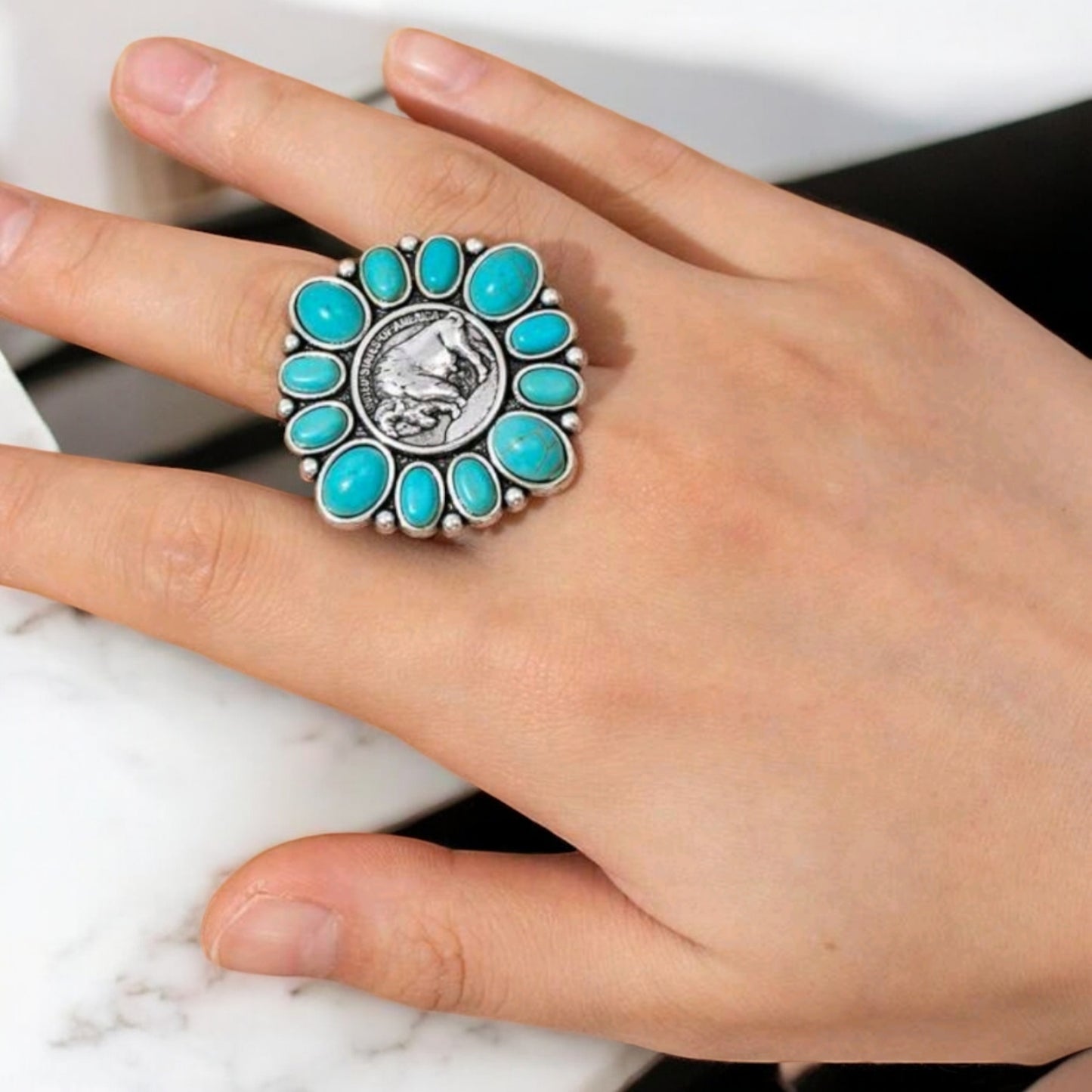 Western Buffalo One Size Fashion Ring with Crackle Stones