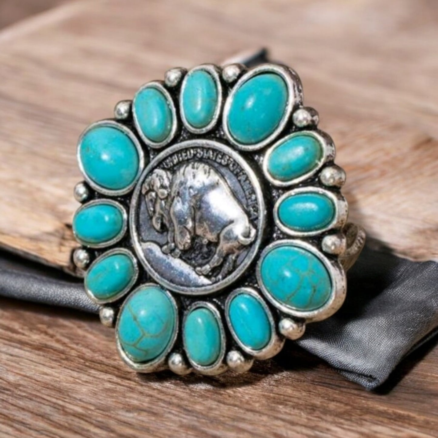 Western Buffalo One Size Fashion Ring with Crackle Stones