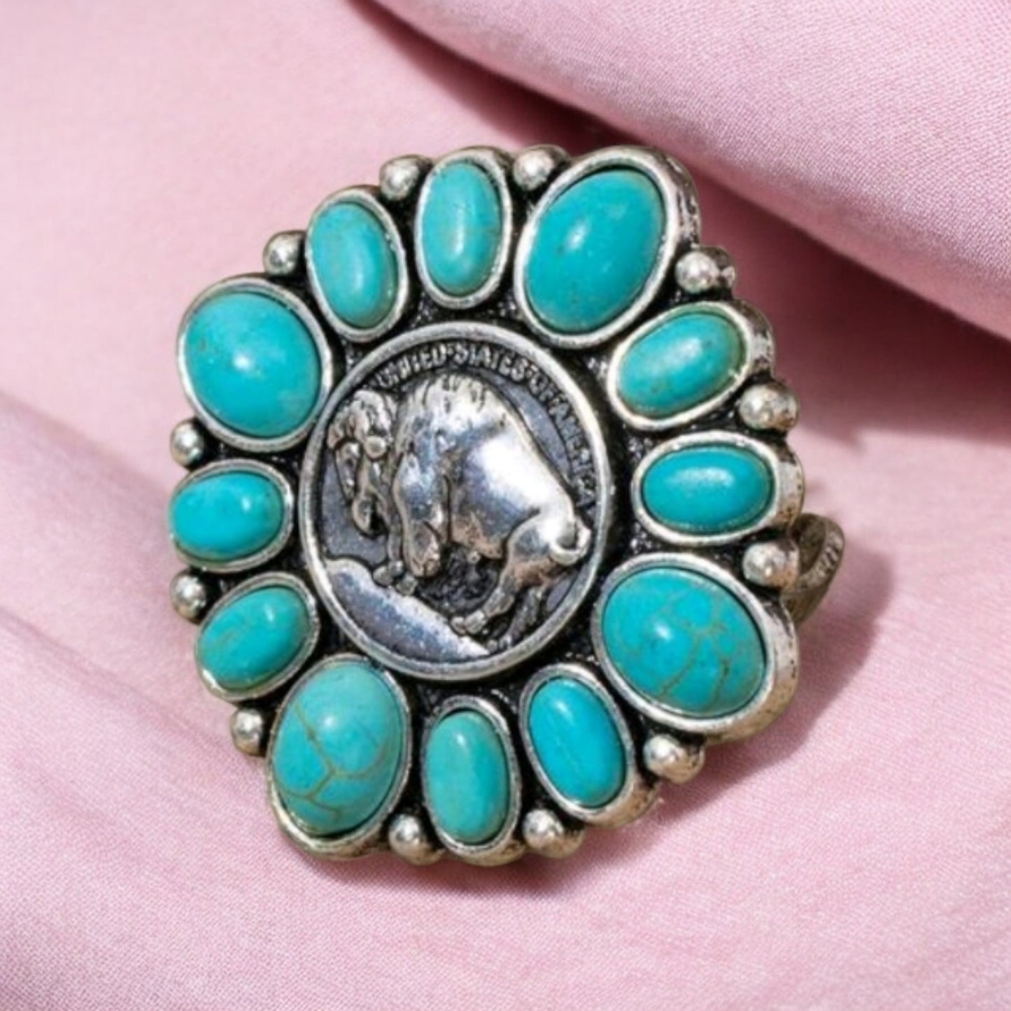 Western Buffalo One Size Fashion Ring with Crackle Stones