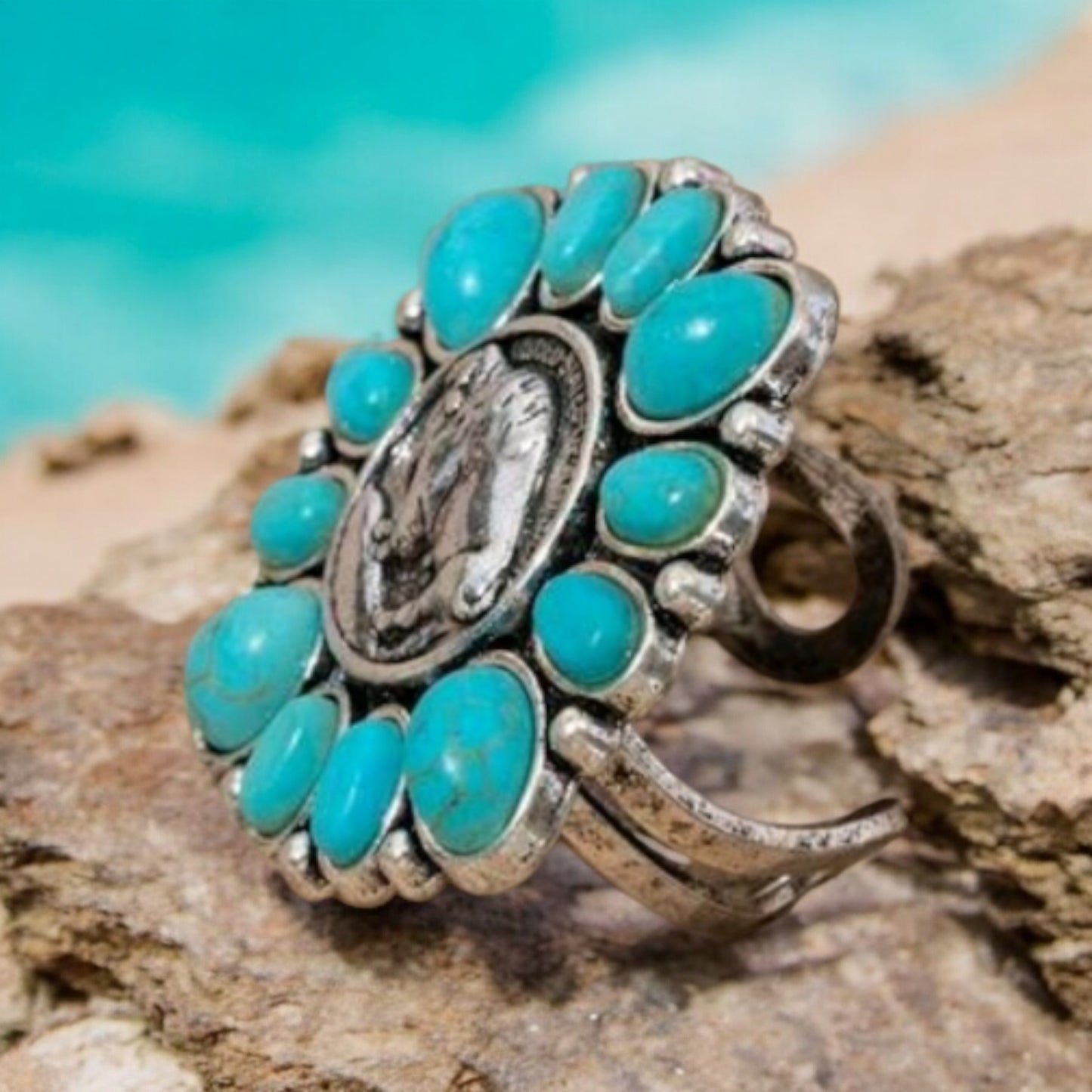 Western Buffalo One Size Fashion Ring with Crackle Stones