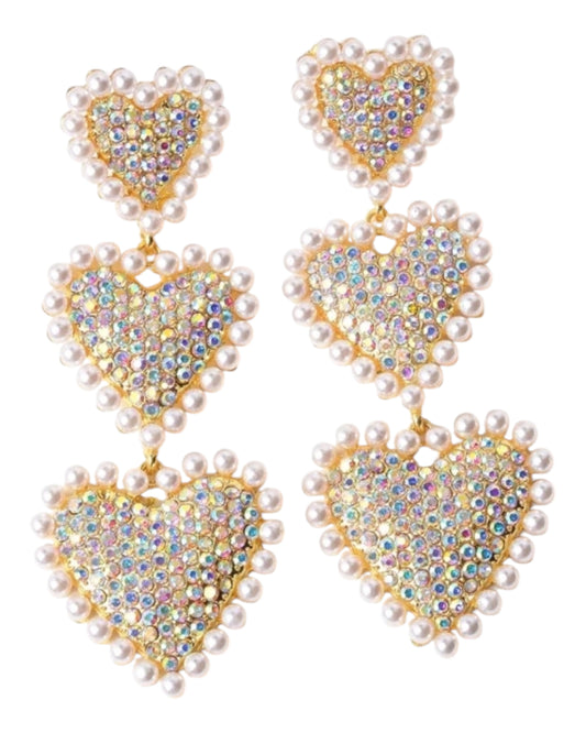 Iridescent Hearts and Pearls Over The Top Glam Earrings