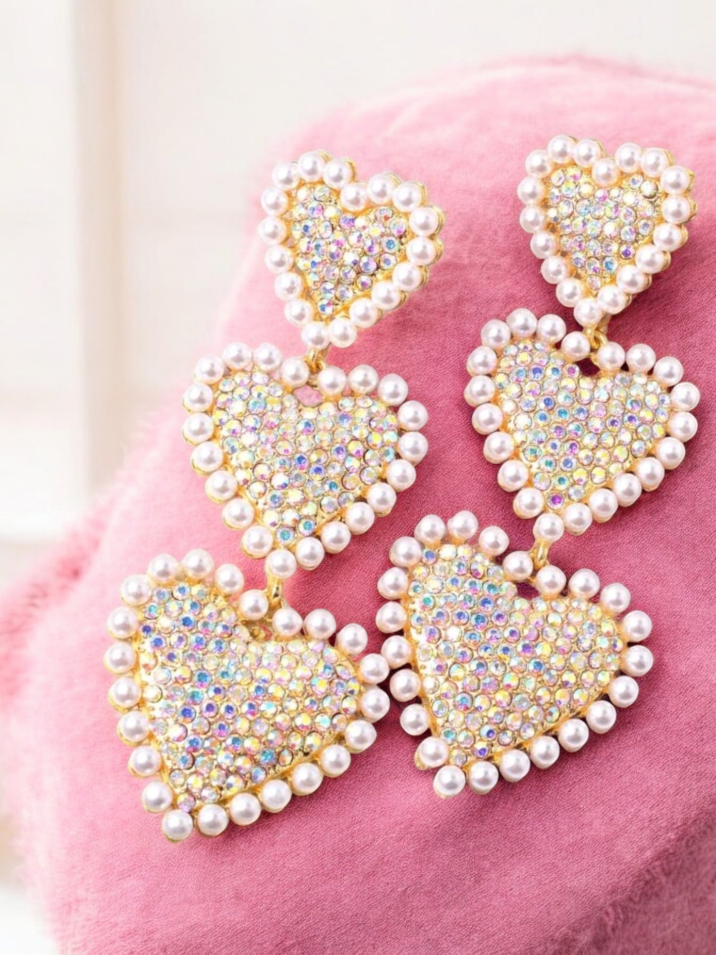 Iridescent Hearts and Pearls Over The Top Glam Earrings