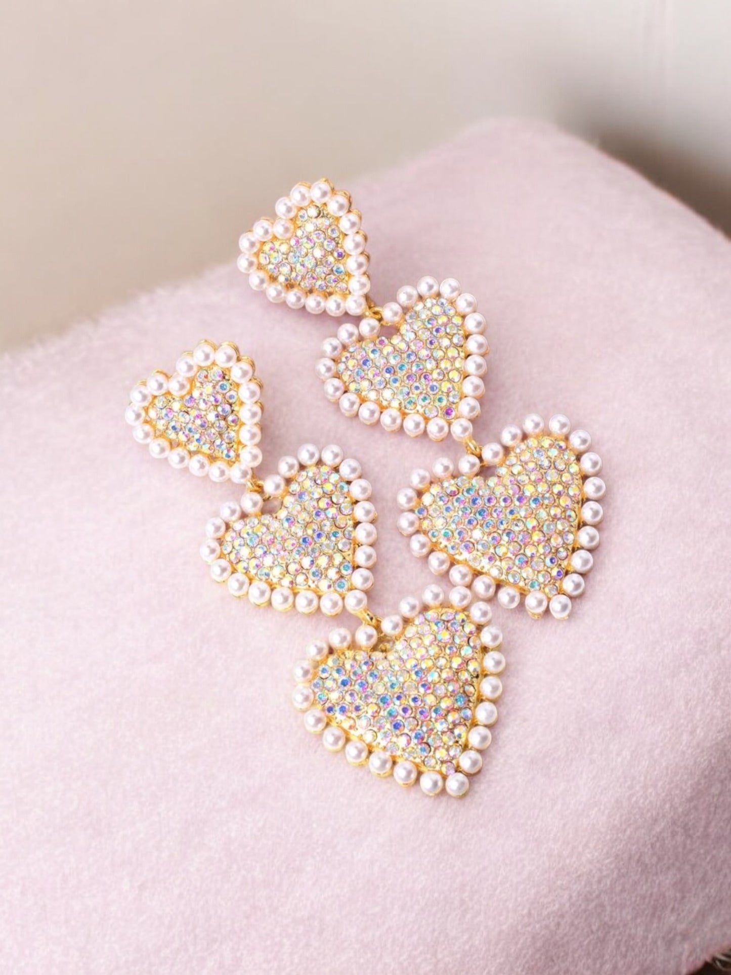 Iridescent Hearts and Pearls Over The Top Glam Earrings