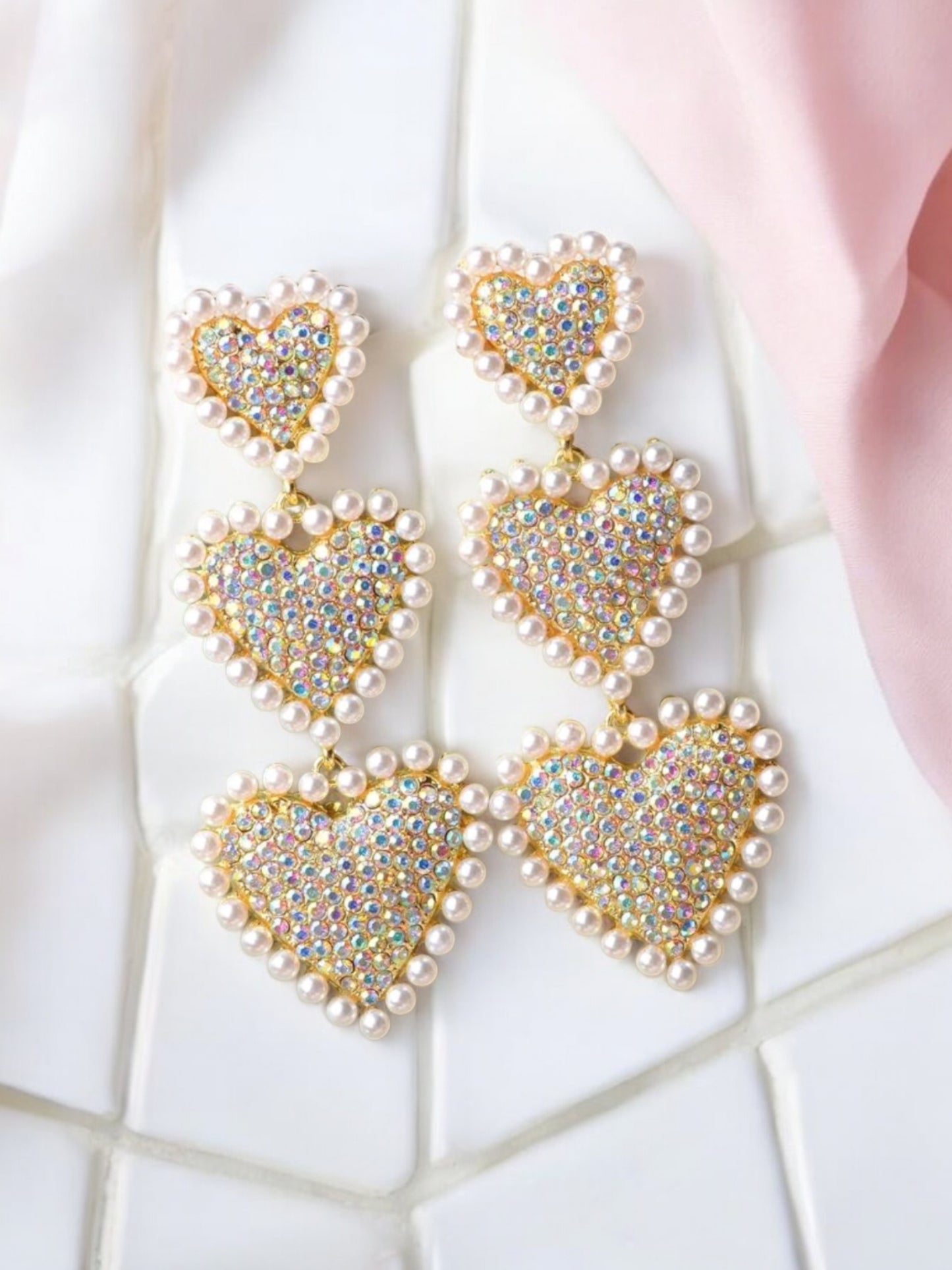 Iridescent Hearts and Pearls Over The Top Glam Earrings