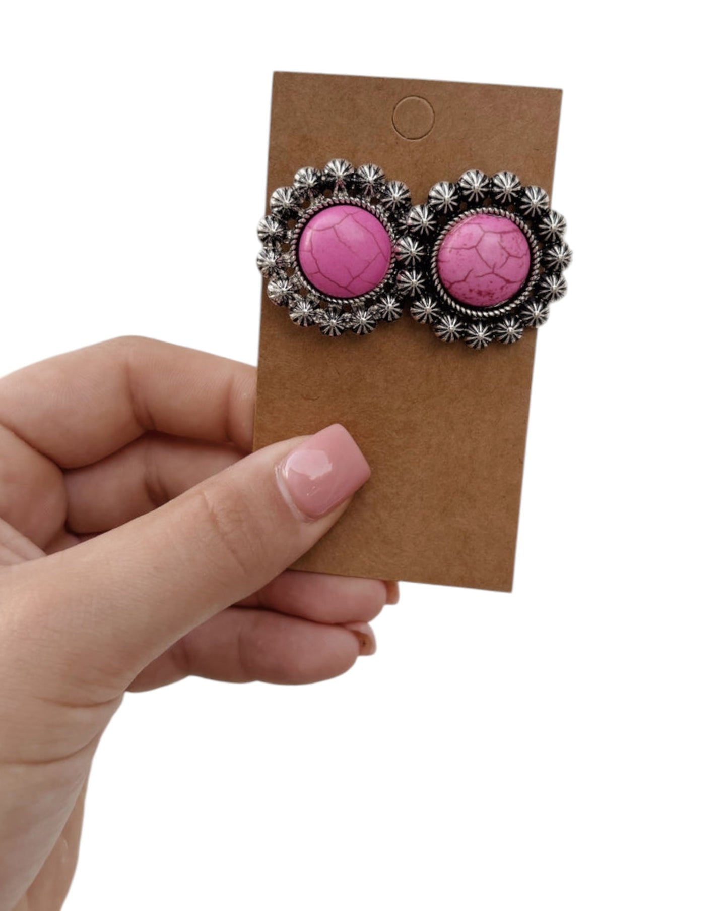 Pink Western Beats Circle Stud Crackle Stone Earrings