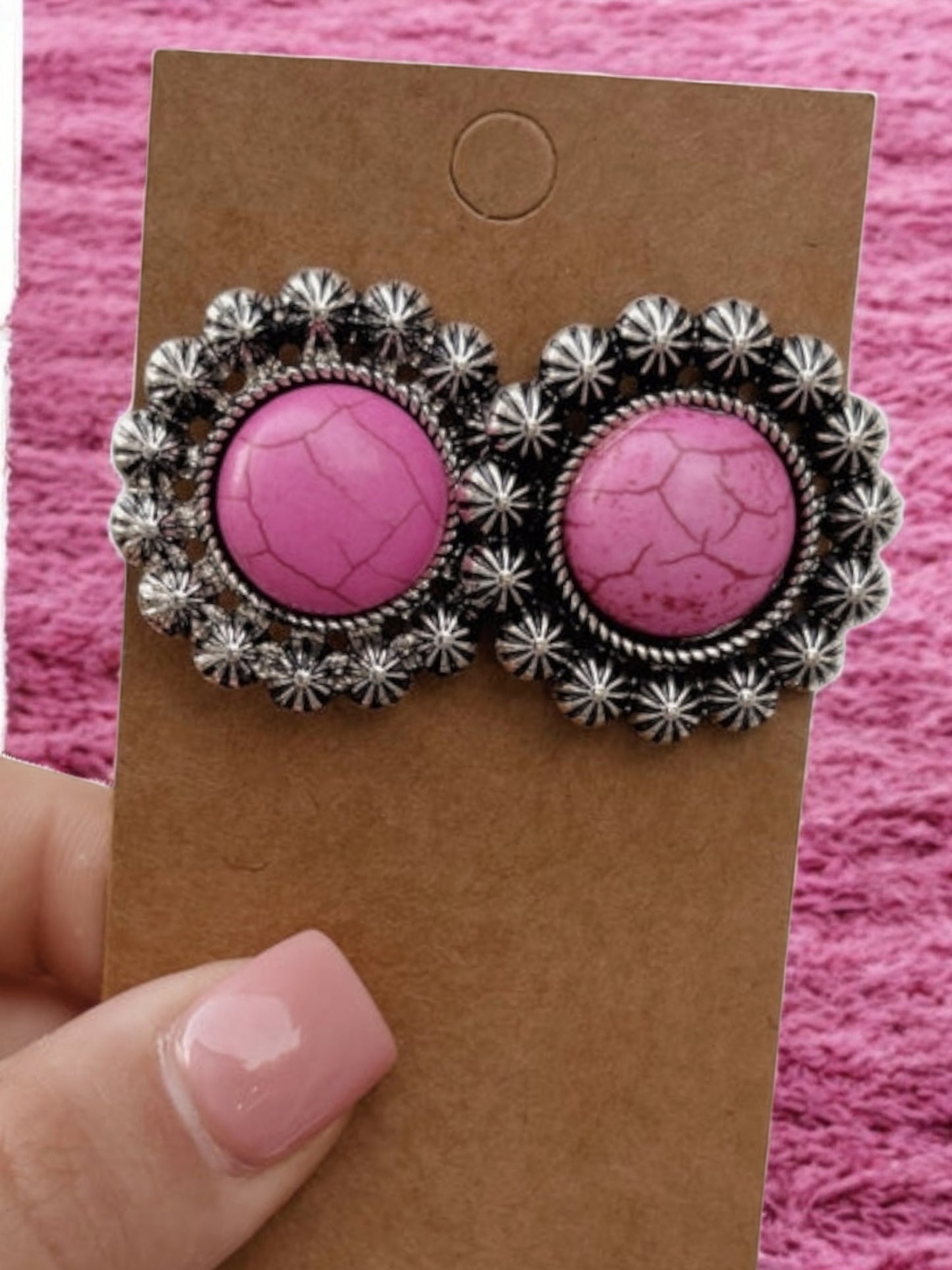 Pink Western Beats Circle Stud Crackle Stone Earrings