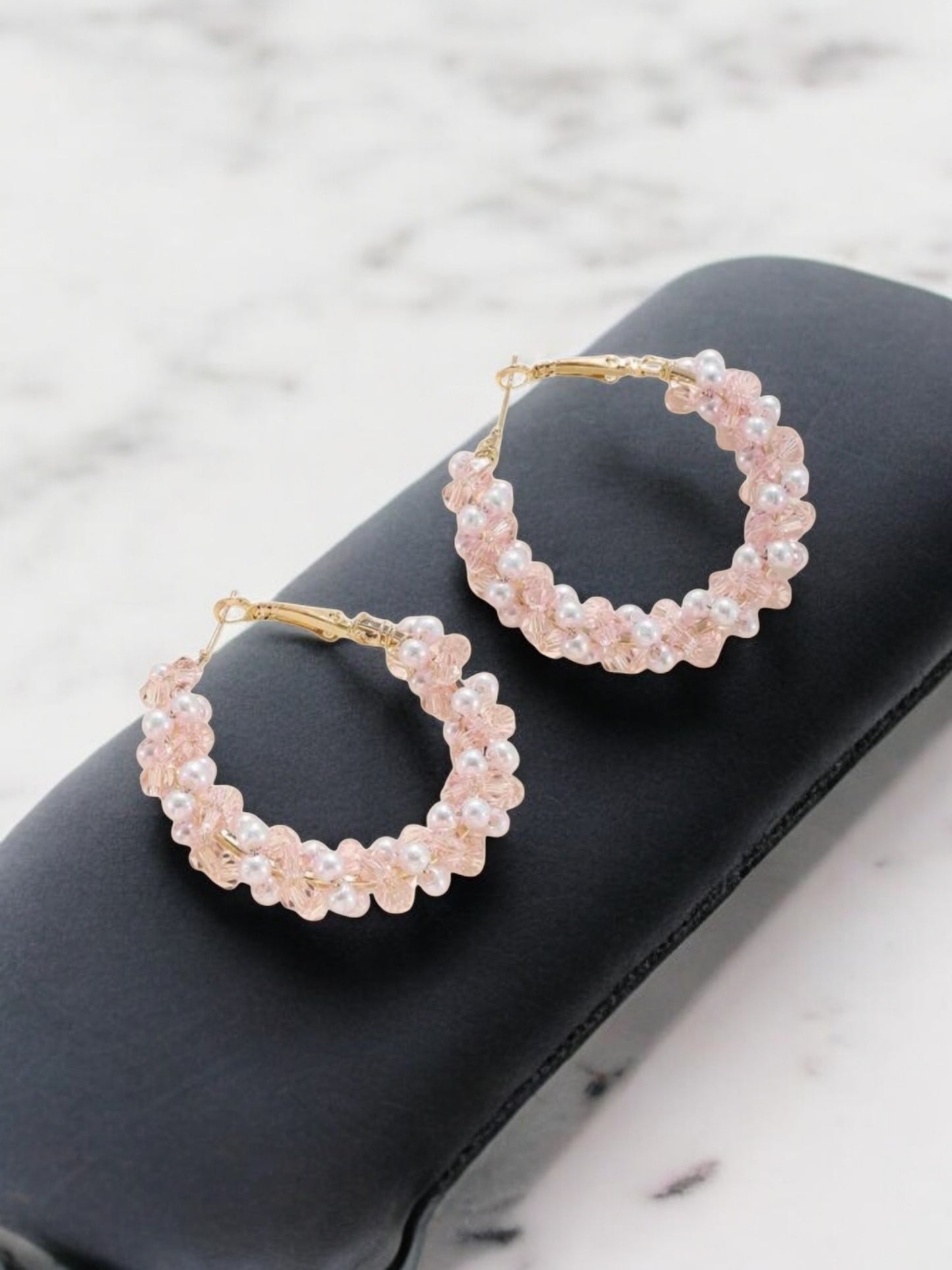 Sweet As Candy Beaded Hoop Earrings in Pink and White