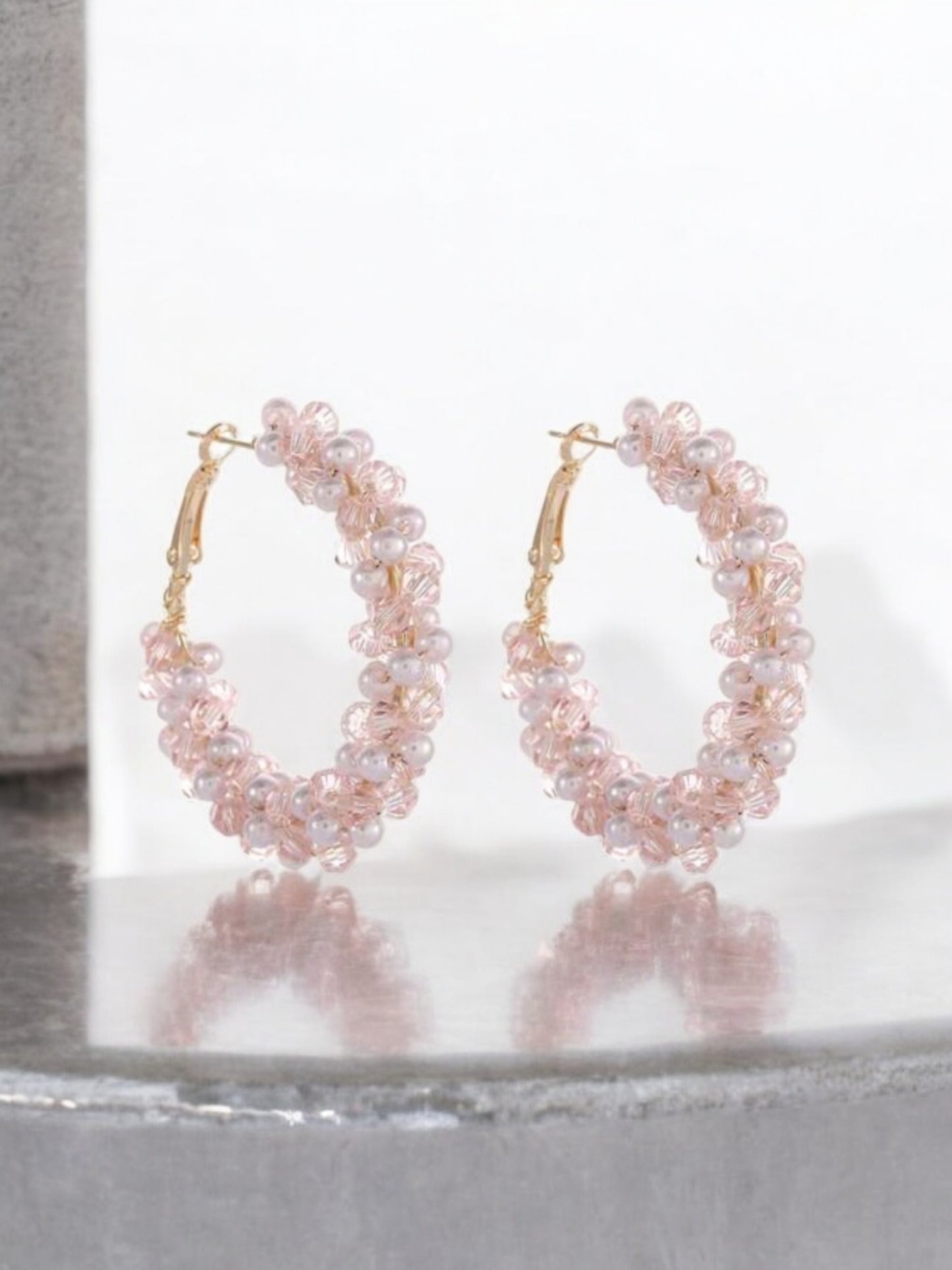 Sweet As Candy Beaded Hoop Earrings in Pink and White