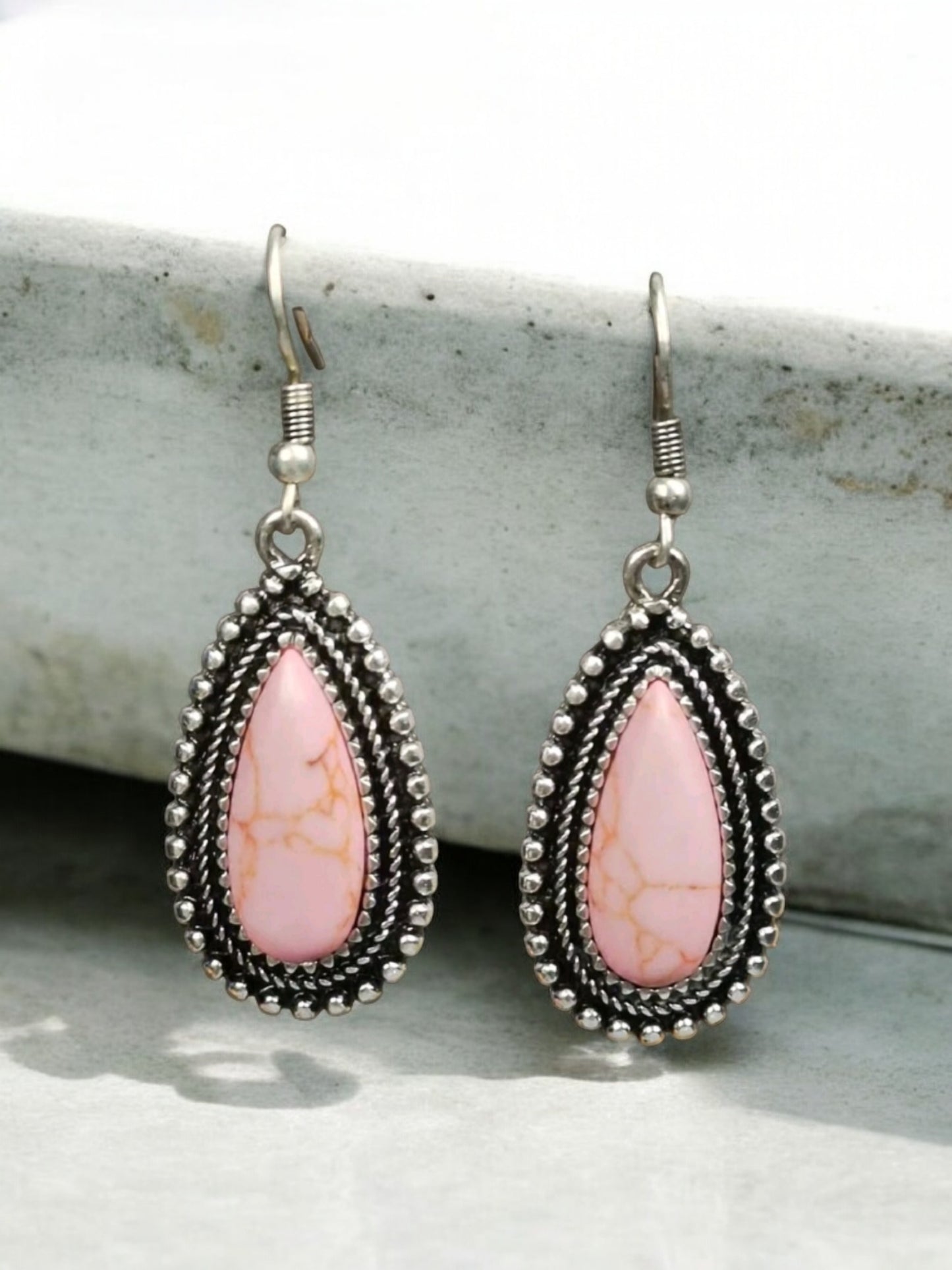 Pink Faux Crackle Stone Drop Metal Earrings