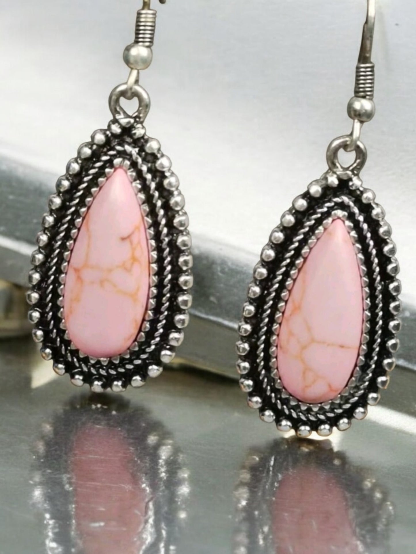 Pink Faux Crackle Stone Drop Metal Earrings