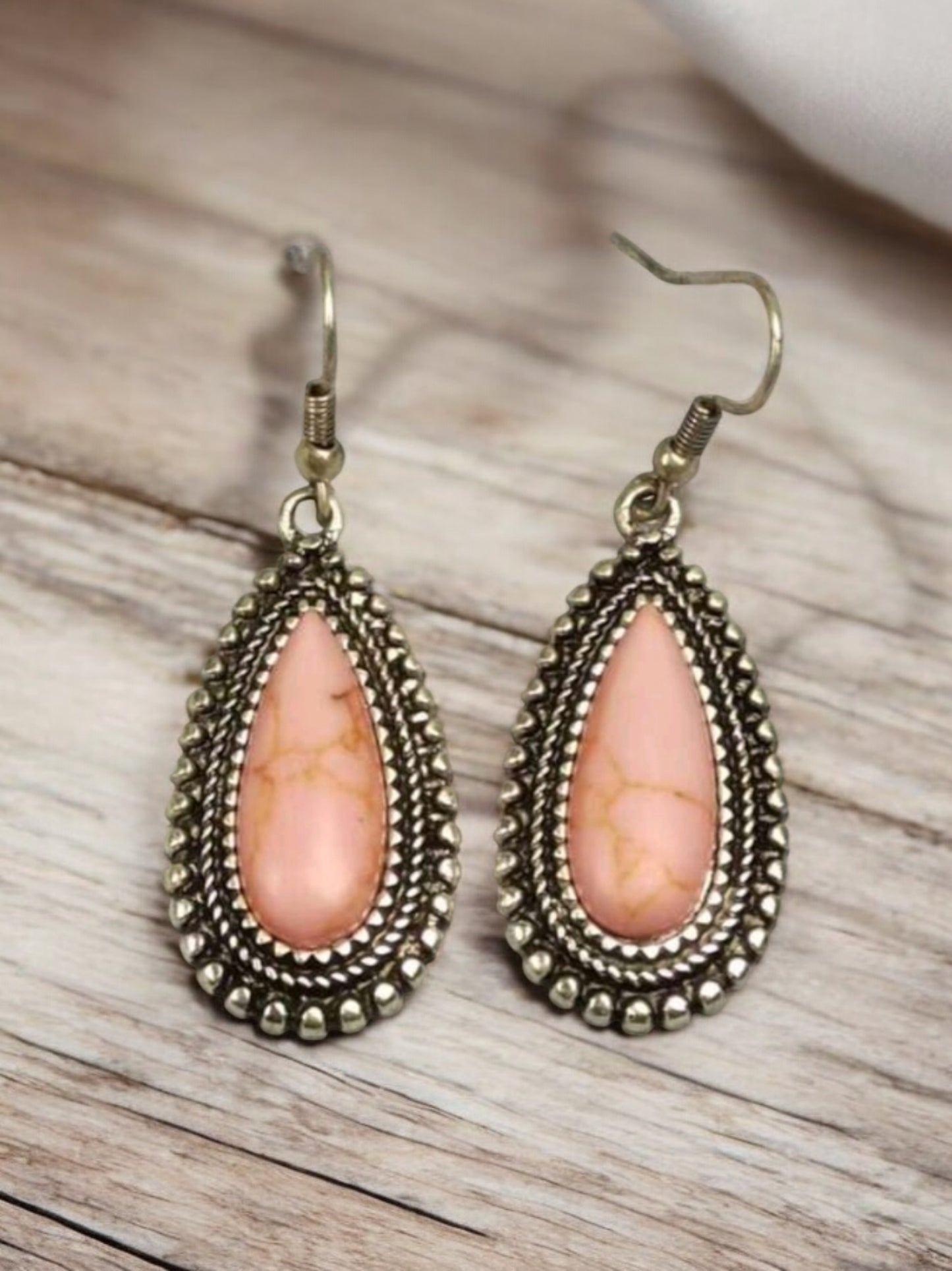 Pink Faux Crackle Stone Drop Metal Earrings