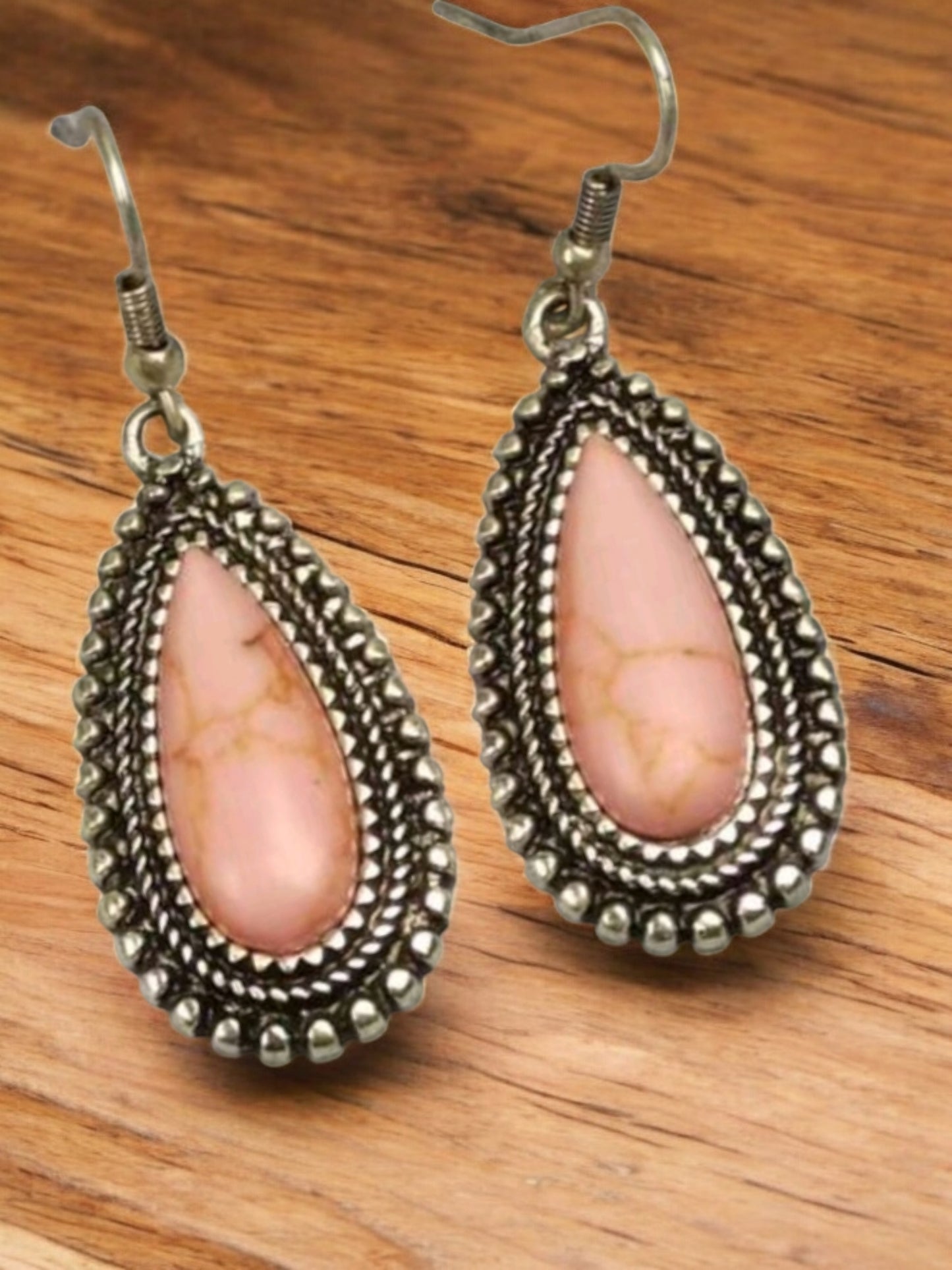 Pink Faux Crackle Stone Drop Metal Earrings