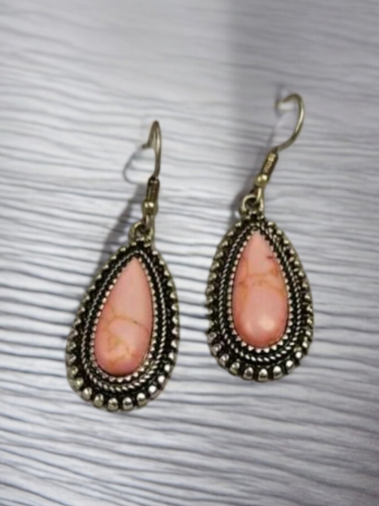 Pink Faux Crackle Stone Drop Metal Earrings