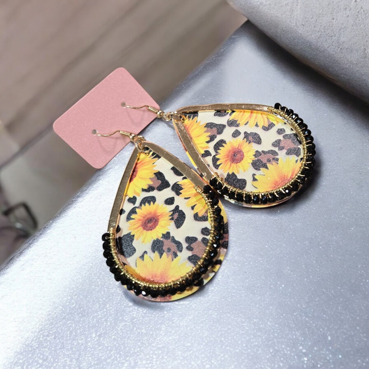 Daisy D Sunflower Leopard Teardrop Earrings