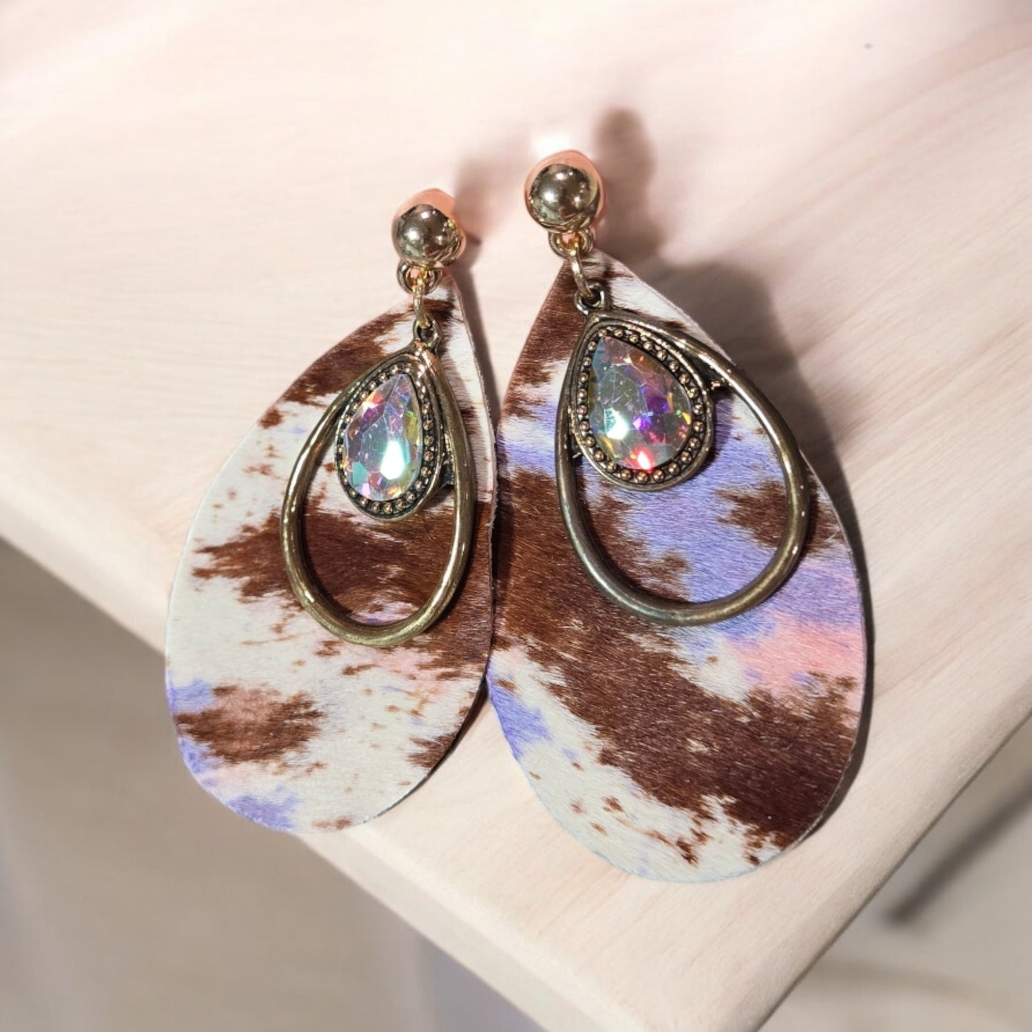 Space Cowgirl Pastel Cowhide Teardrop Crystal Stud Earrings