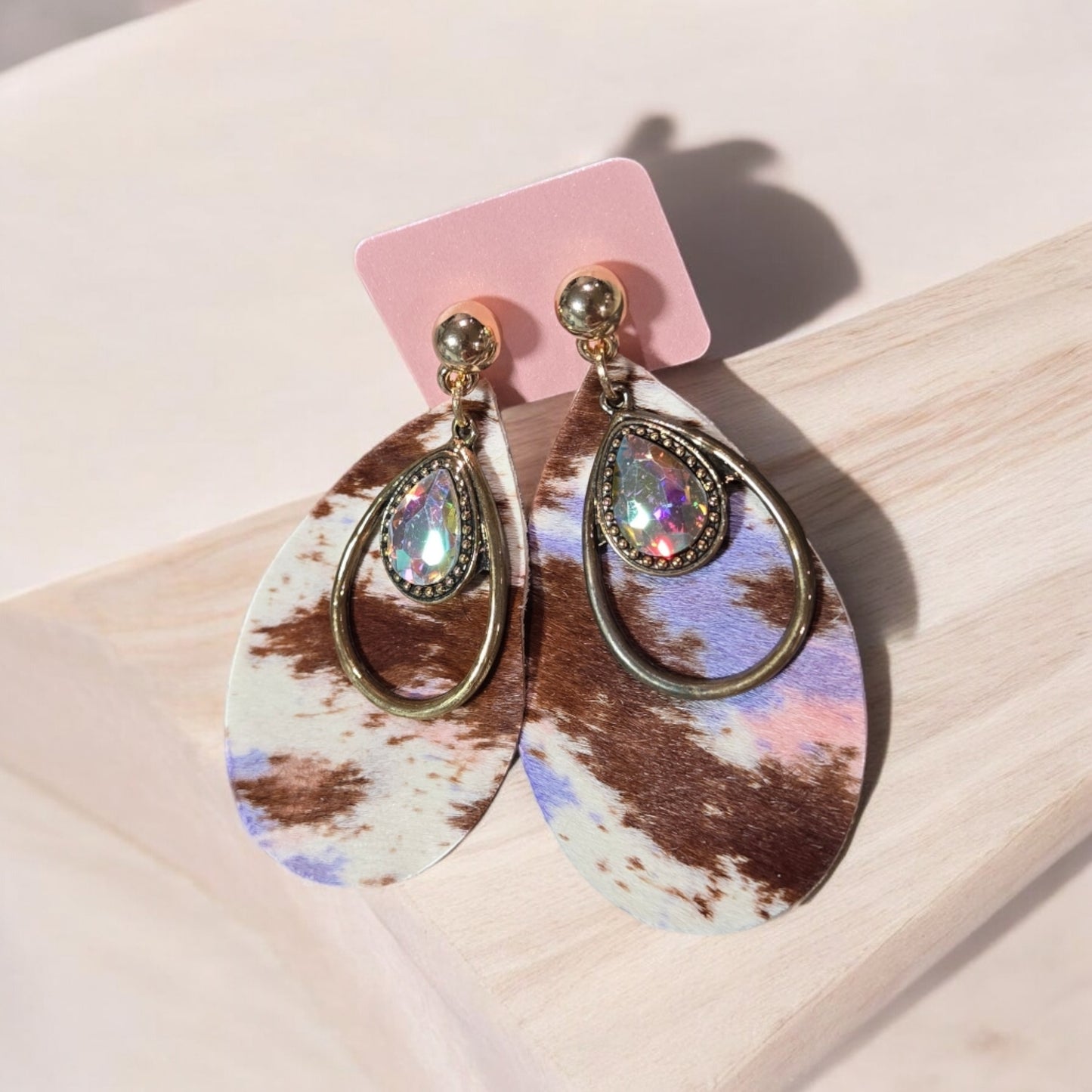 Space Cowgirl Pastel Cowhide Teardrop Crystal Stud Earrings