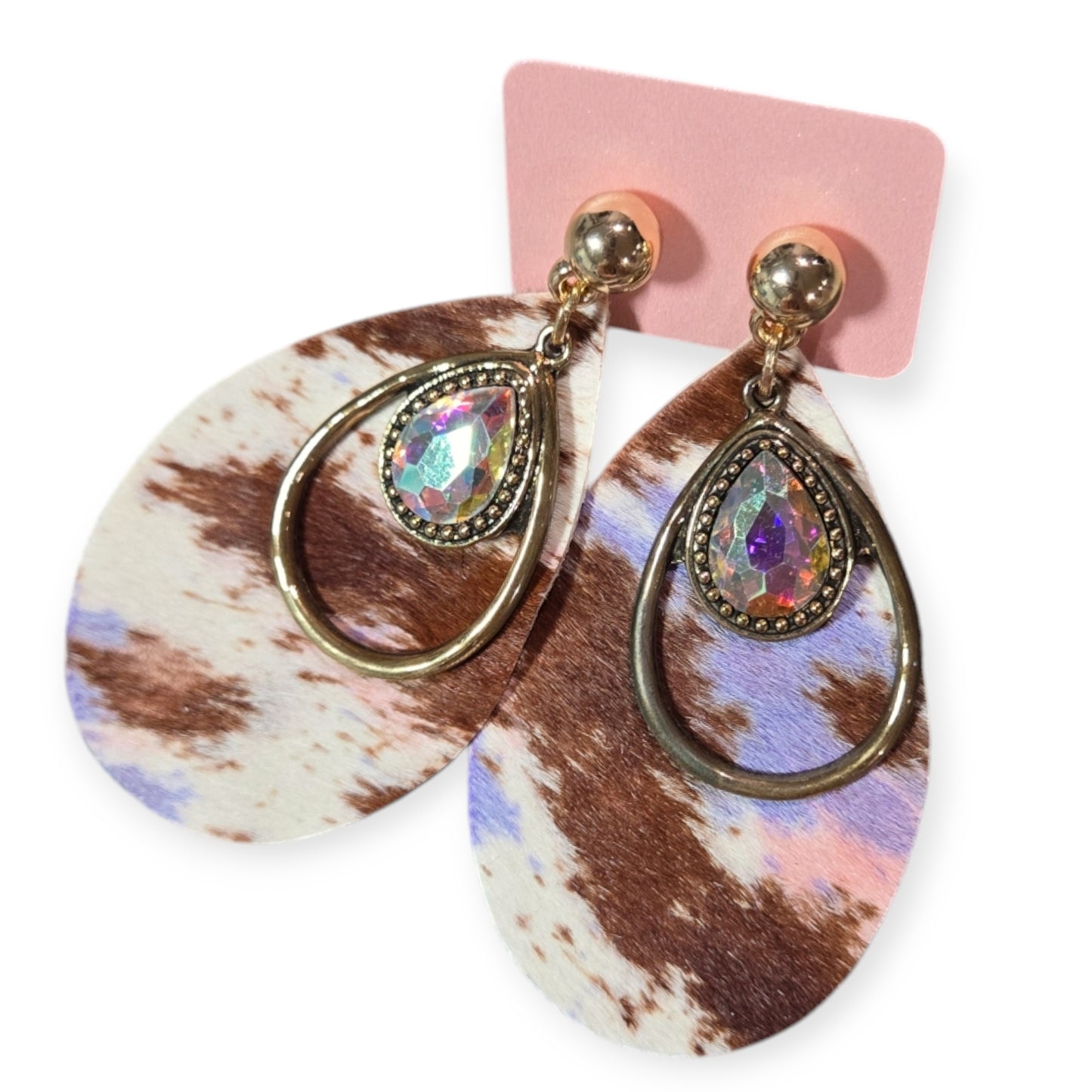 Space Cowgirl Pastel Cowhide Teardrop Crystal Stud Earrings