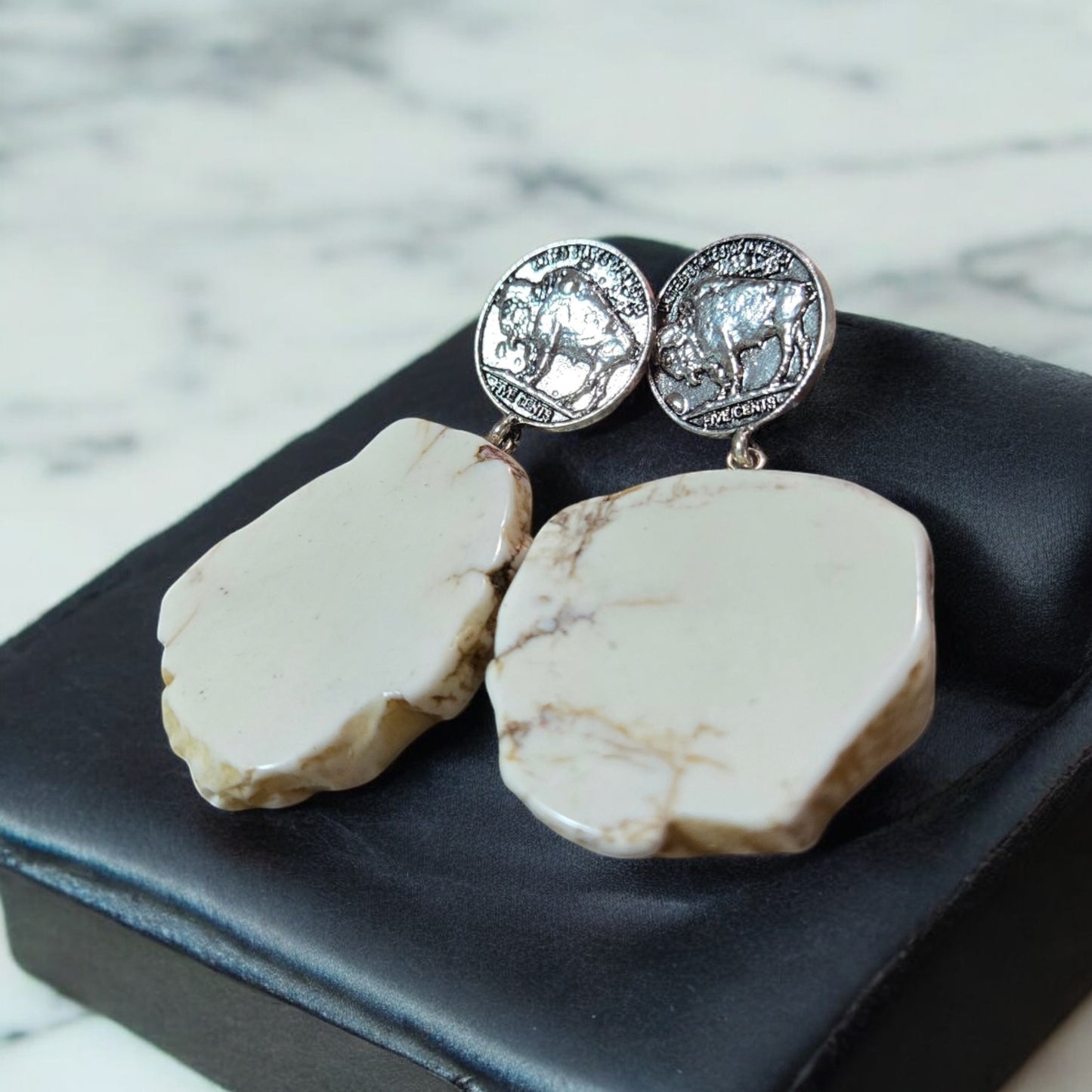 Howlite Rock Slab With Buffalo Nickel Coin Fashion Earrings