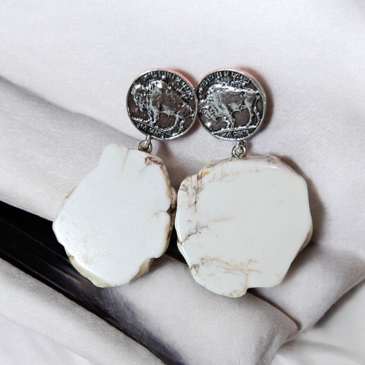 Howlite Rock Slab With Buffalo Nickel Coin Fashion Earrings