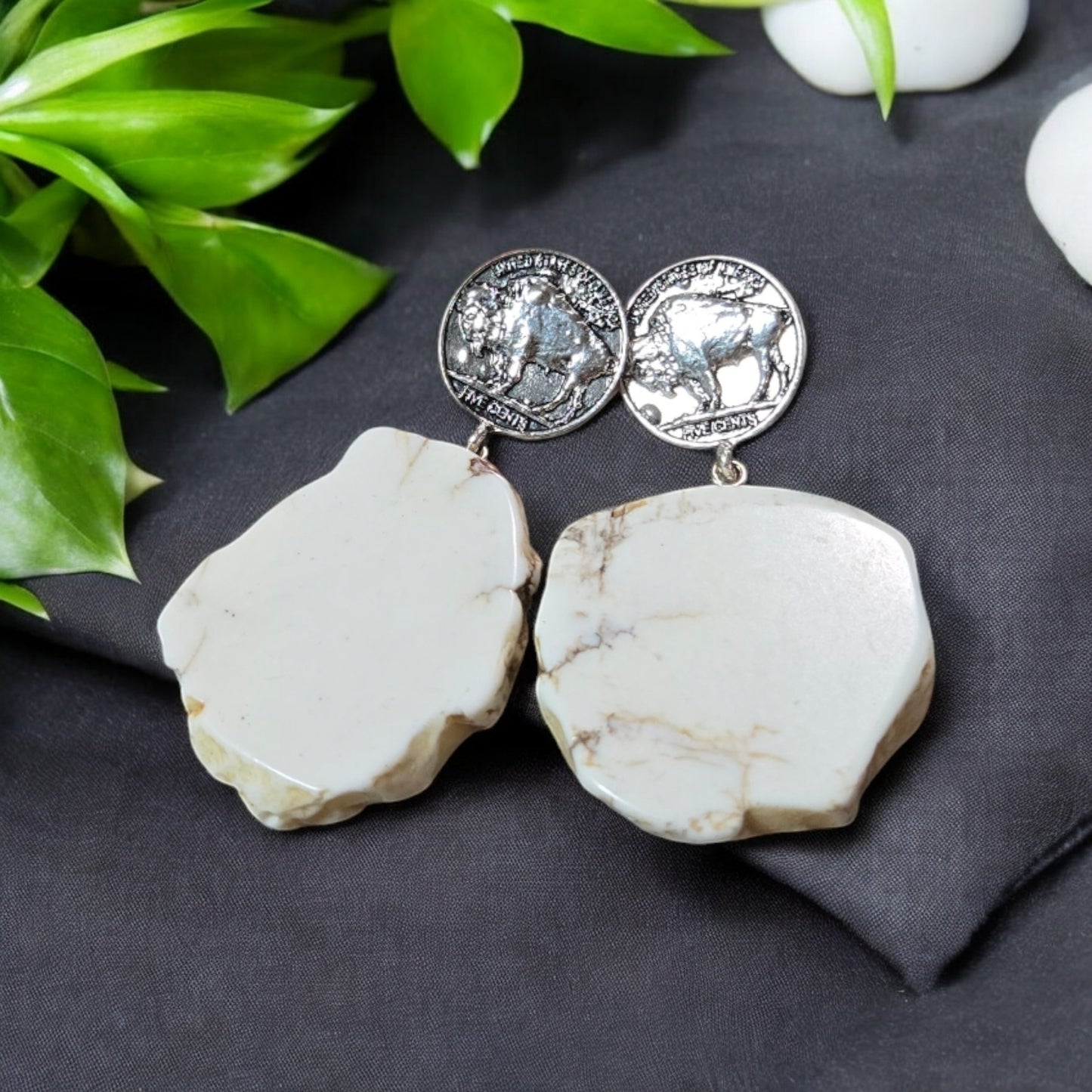 Howlite Rock Slab With Buffalo Nickel Coin Fashion Earrings