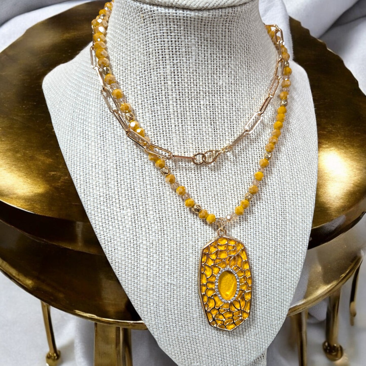 Let's Go To Brunch Mustard Oval Pendant on a Gold Chain Necklace