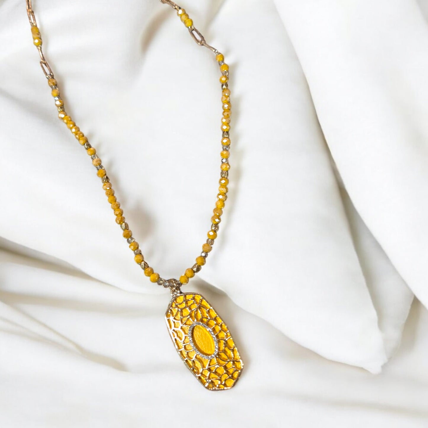 Let's Go To Brunch Mustard Oval Pendant on a Gold Chain Necklace