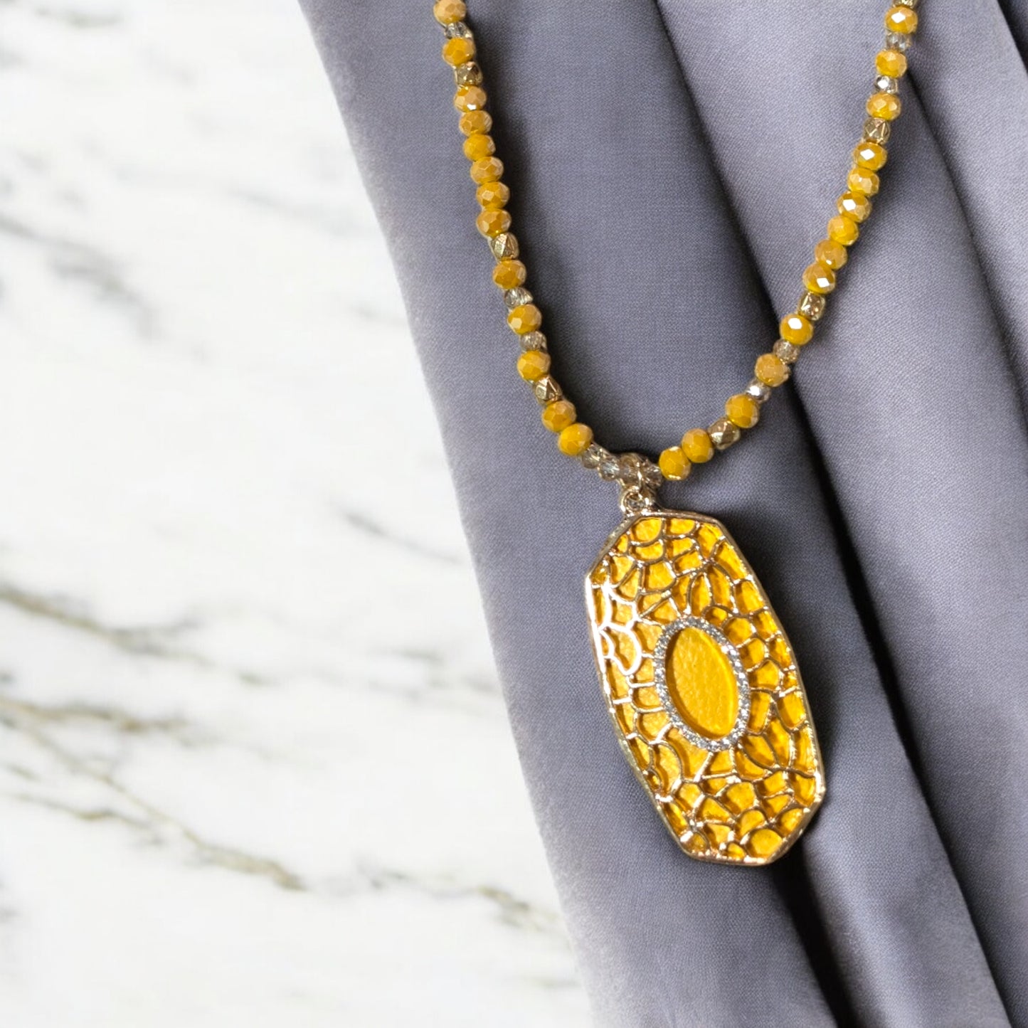 Let's Go To Brunch Mustard Oval Pendant on a Gold Chain Necklace