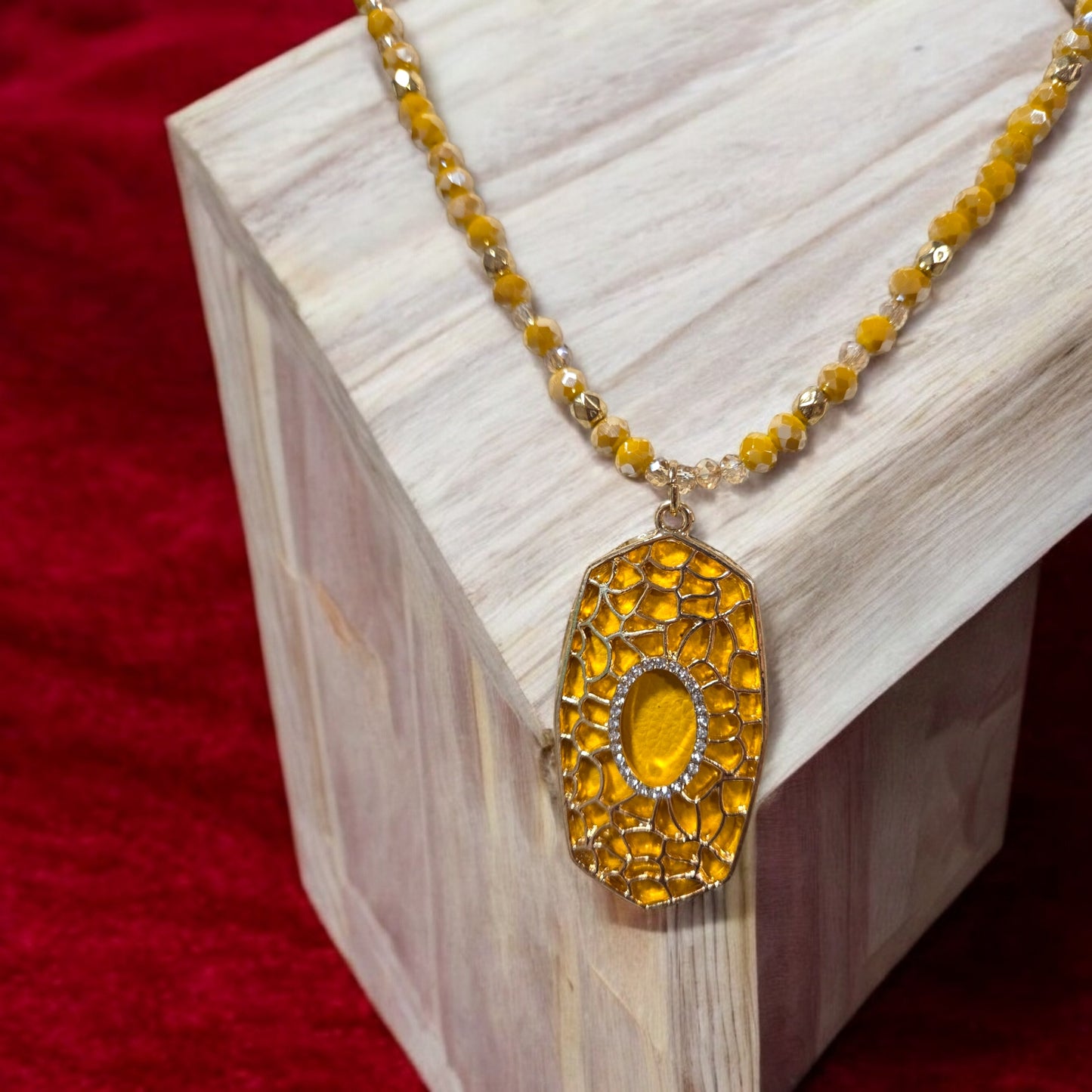 Let's Go To Brunch Mustard Oval Pendant on a Gold Chain Necklace