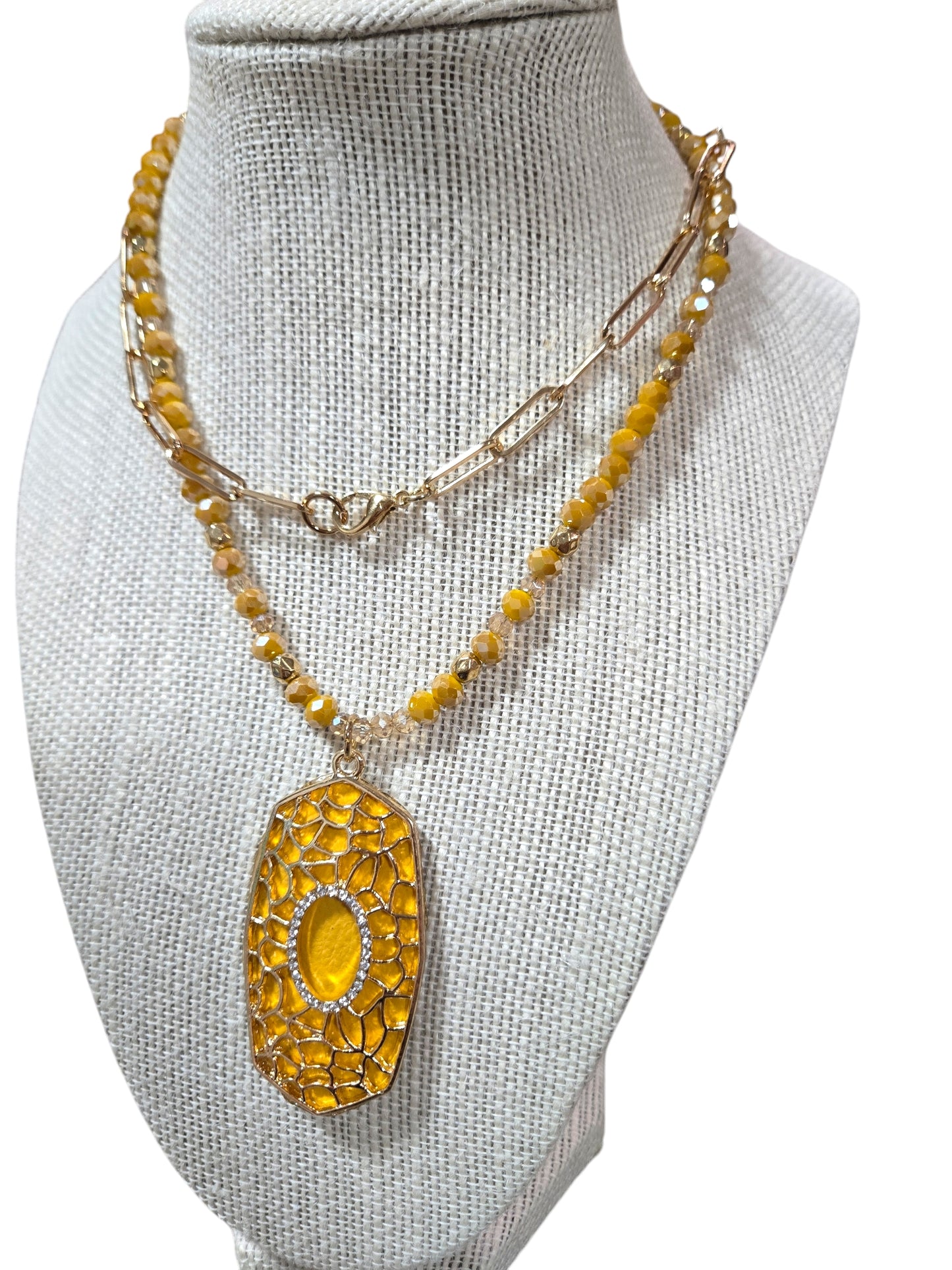 Let's Go To Brunch Mustard Oval Pendant on a Gold Chain Necklace