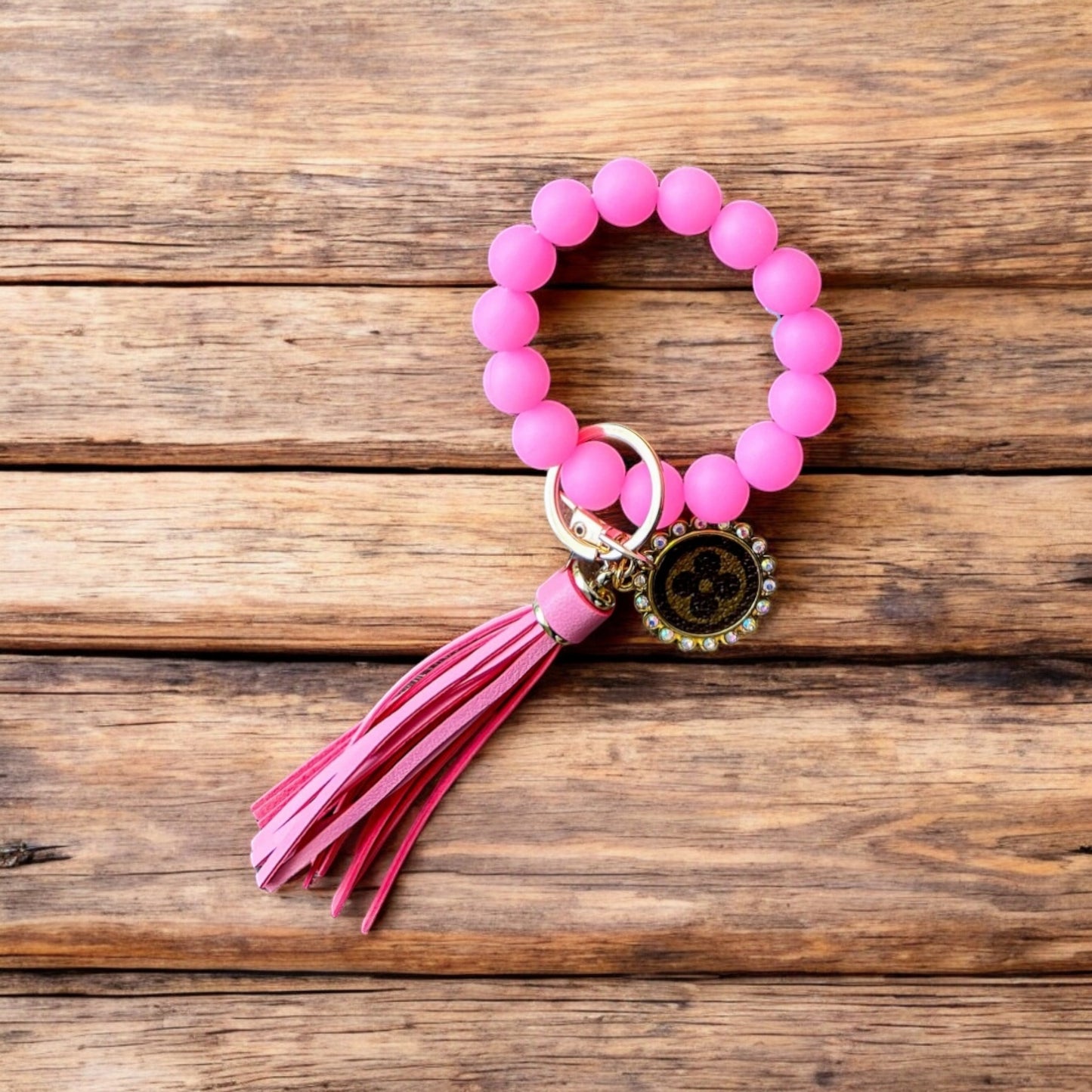 Stretch Beaded Bracelet Keychain with Upcycled LV Purse Charm