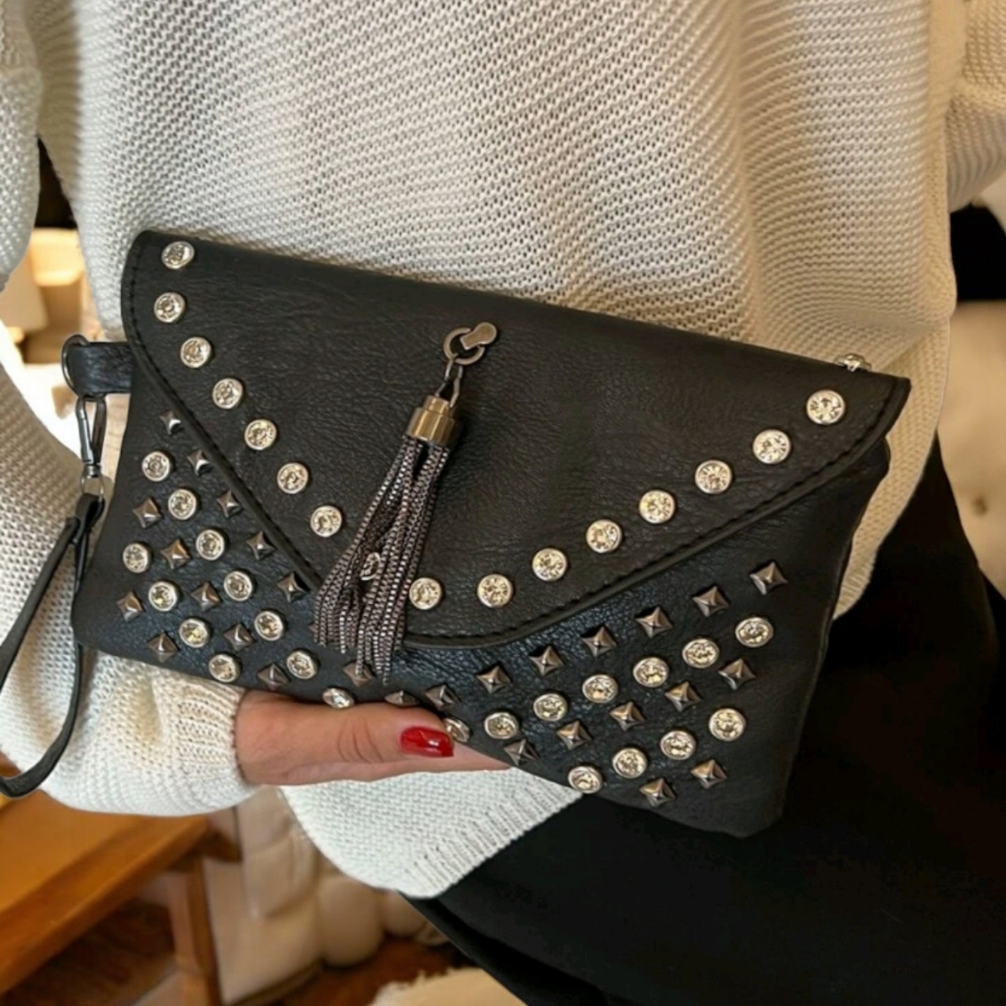 Diva By Night Wristlet Clutch with Stud Decor and Tassel