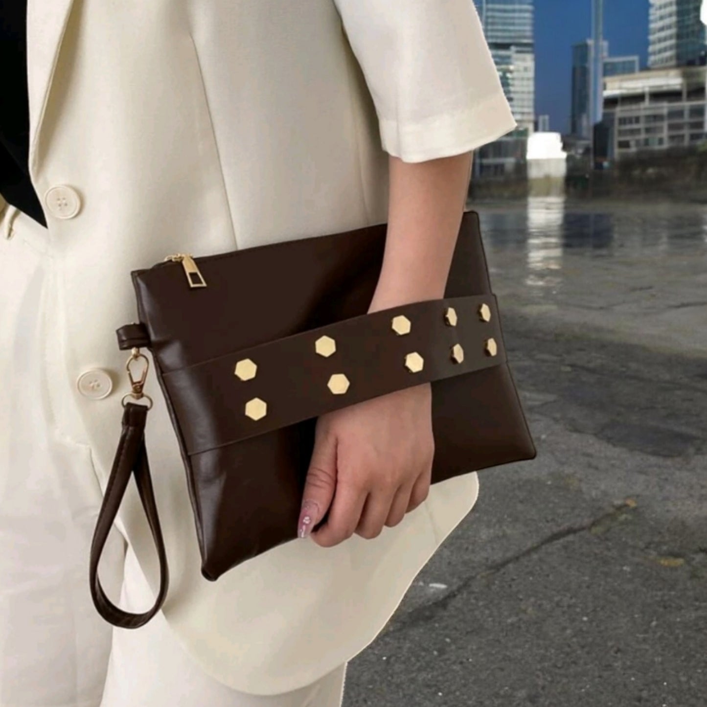 Get Up, Grab It and Go Oversized Studded Wristlet Clutch