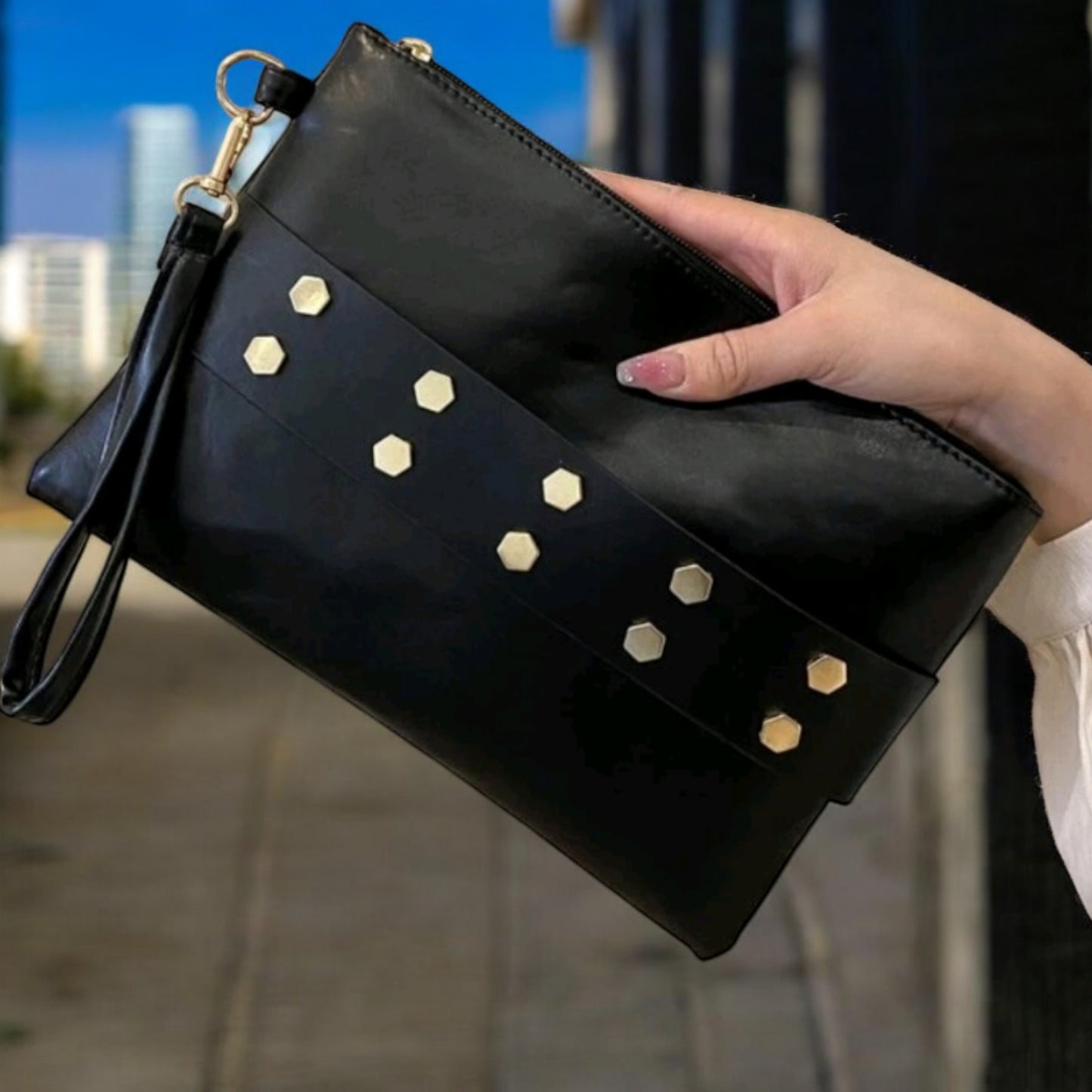 Get Up, Grab It and Go Oversized Studded Wristlet Clutch