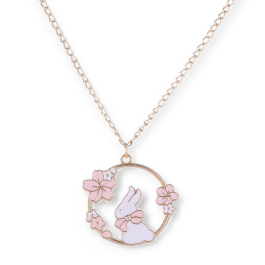 Kawaii White Bunny Necklace - Cherry Blossom Rabbit Enamel Jewelry, Cute Sakura Pink Flower Gift for Rabbit Lovers