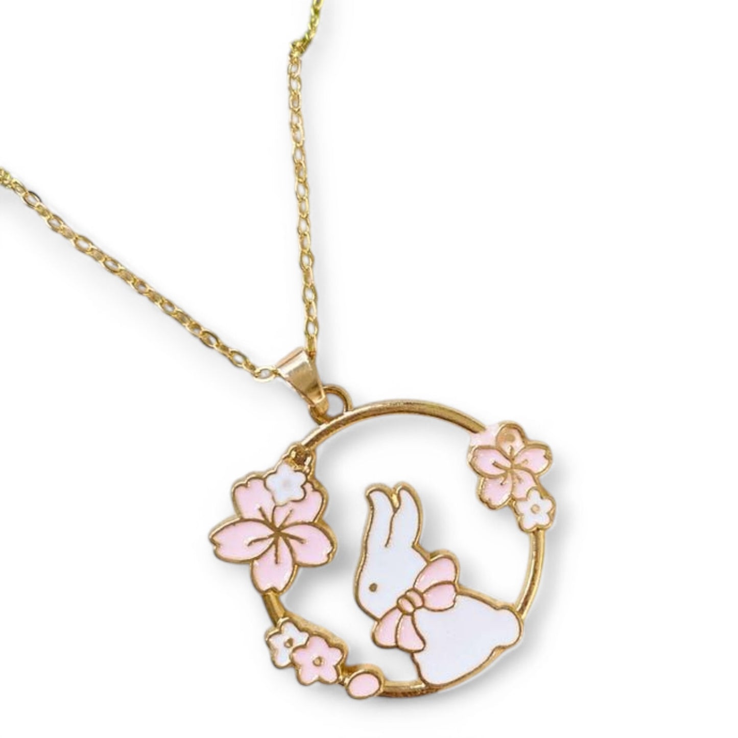 Kawaii White Bunny Necklace - Cherry Blossom Rabbit Enamel Jewelry, Cute Sakura Pink Flower Gift for Rabbit Lovers